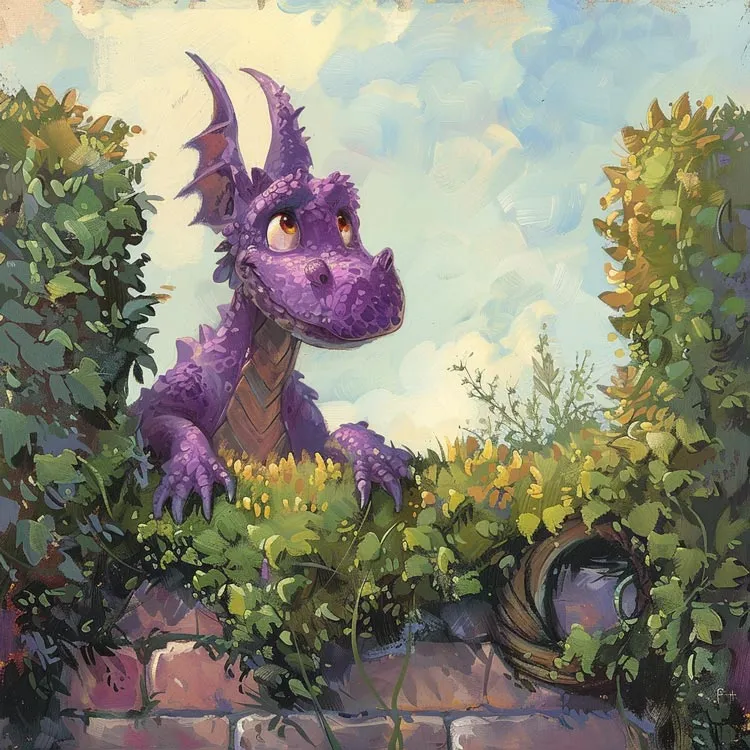 A Midjourney image created by using the prompt, "a purple dragon gazing excitedly over a hedge, peering at his family happily setting up for his surprise birthday party. He thought they’d forgotten!"