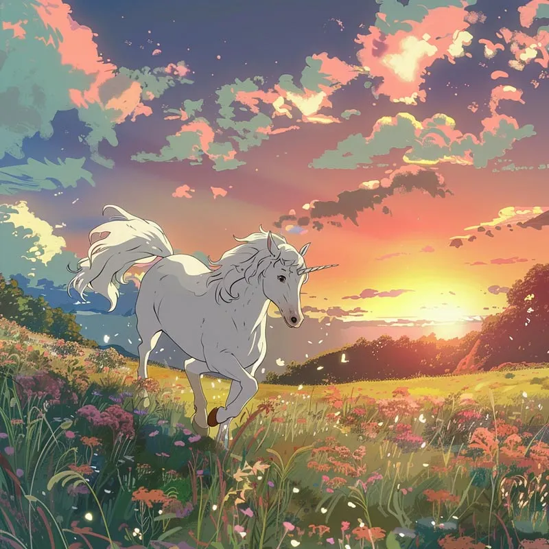 A Midjourney image created by using the prompt, "An Anime-style scene of a unicorn running through a meadow."