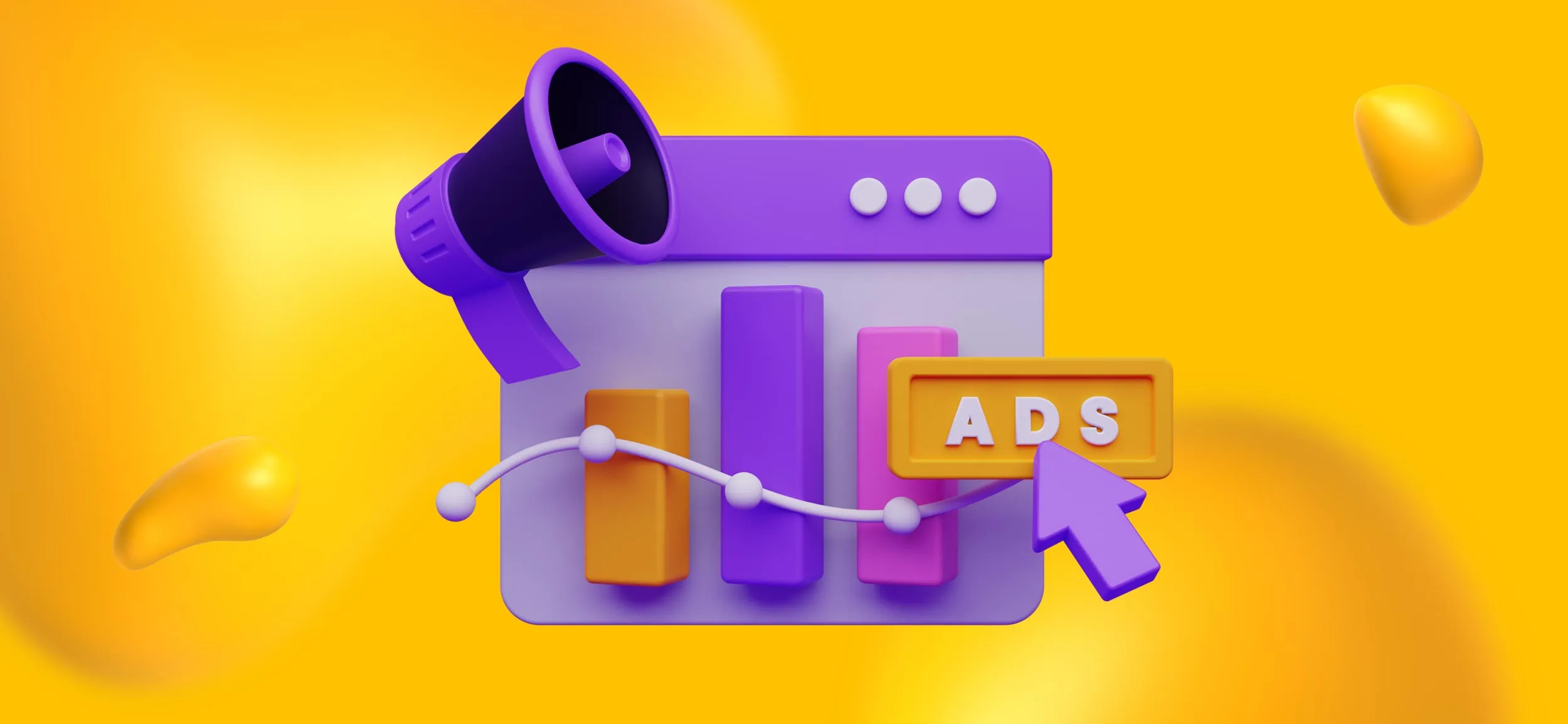 A screen showing a bar graph, a megaphone, and an arrow clicking on a digital ad.