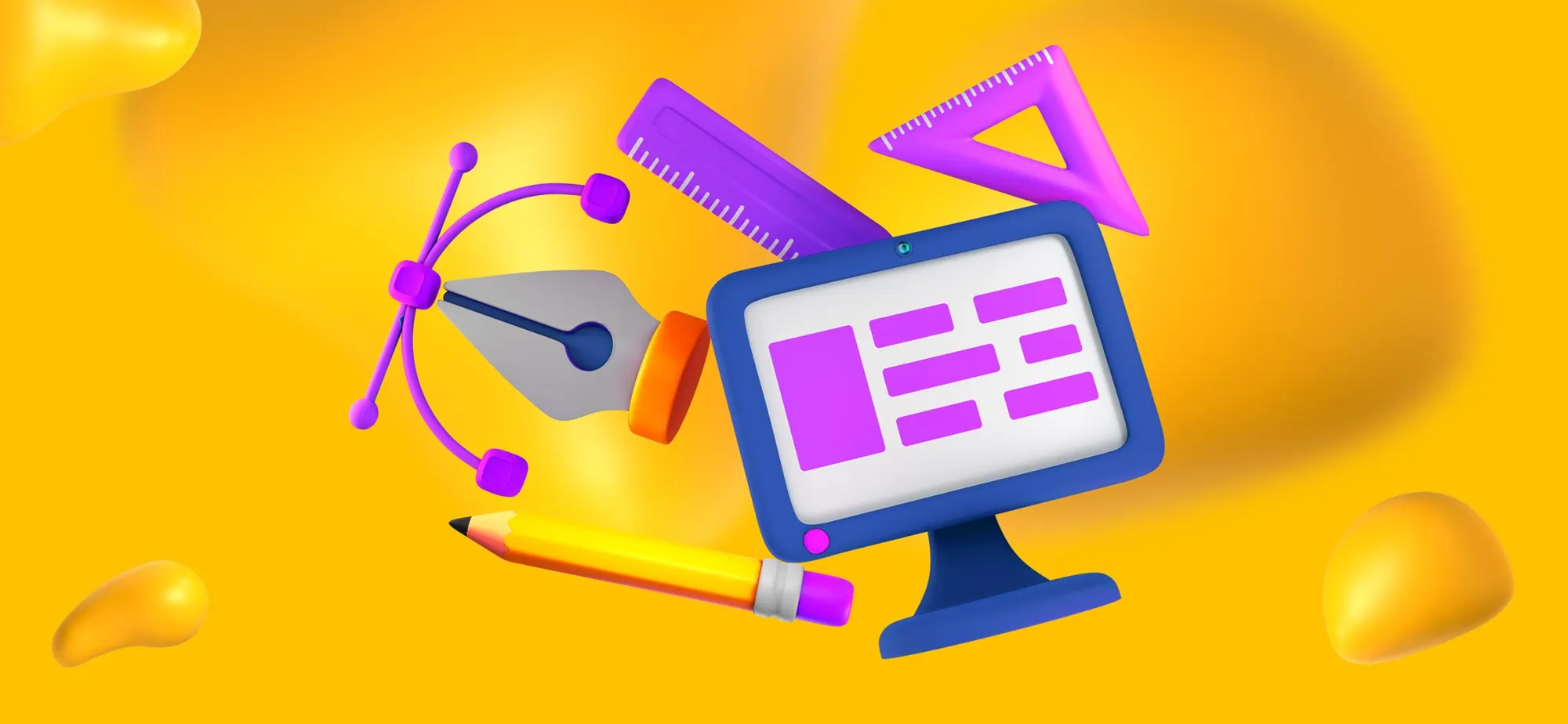 A computer monitor surrounded by elements of graphic design, like a pen tool, curve tool, pencil, and ruler.