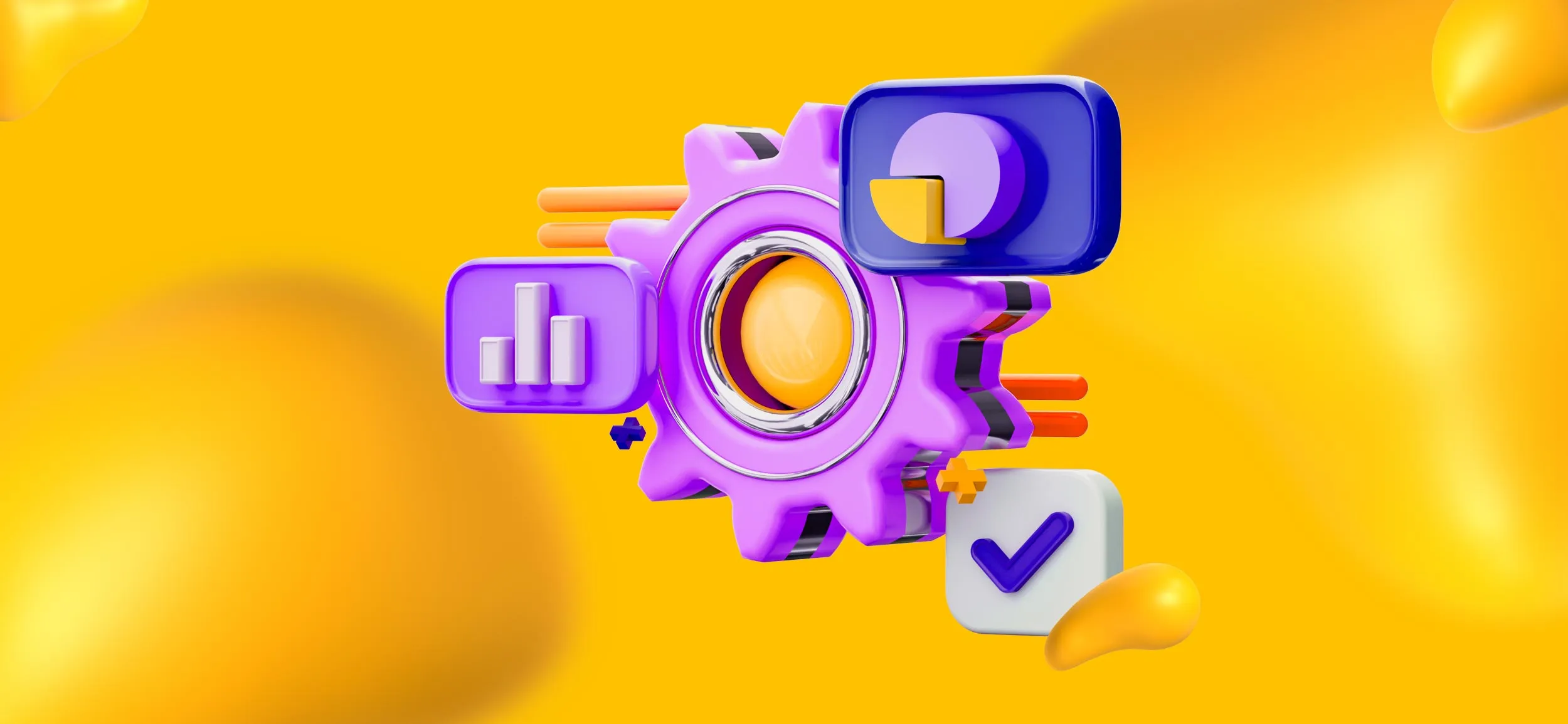 A purple gear wheel surrounded by elements of productivity, like a graph, pie chart, and plus sign.