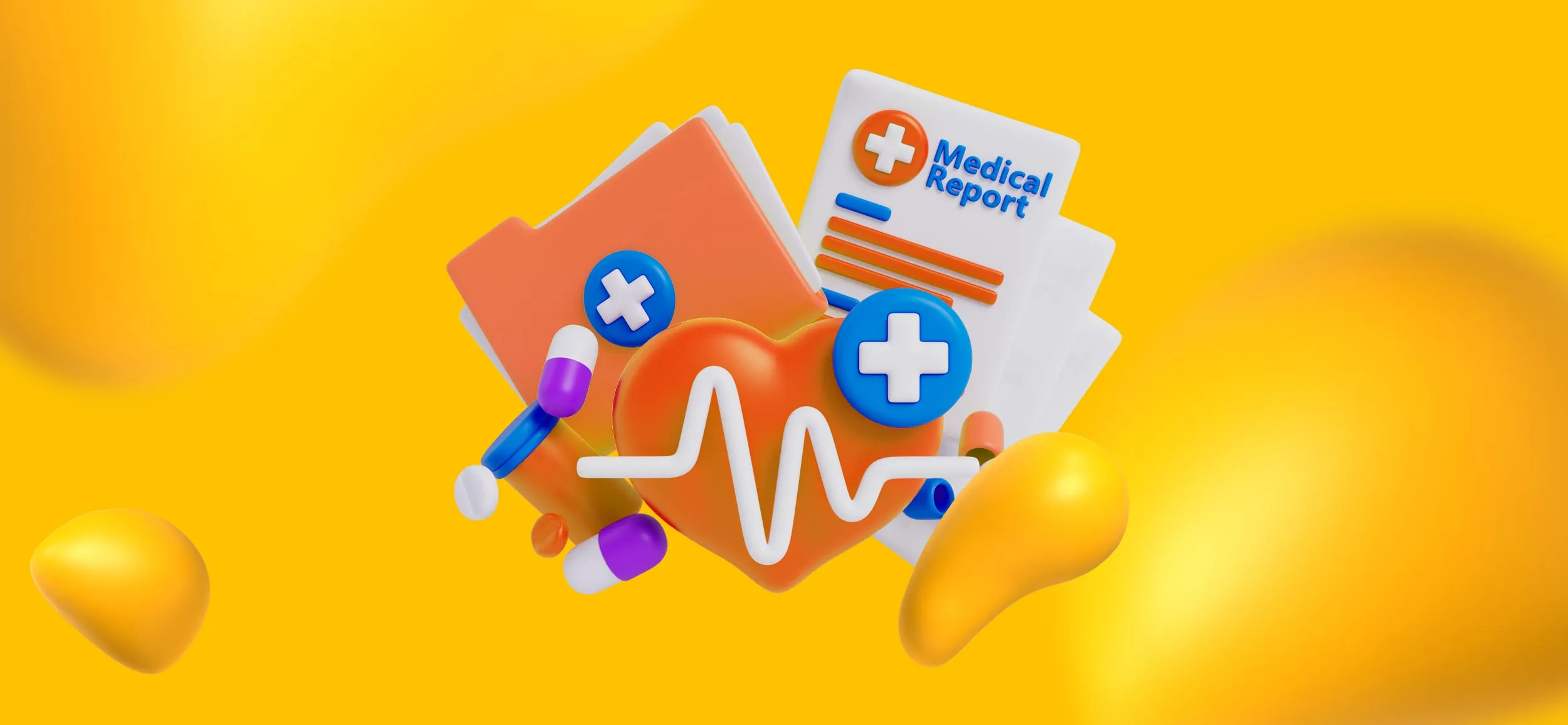 Elements of healthcare, like a bottle of medicine, a medical file, a medical report, and a heart monitor.
