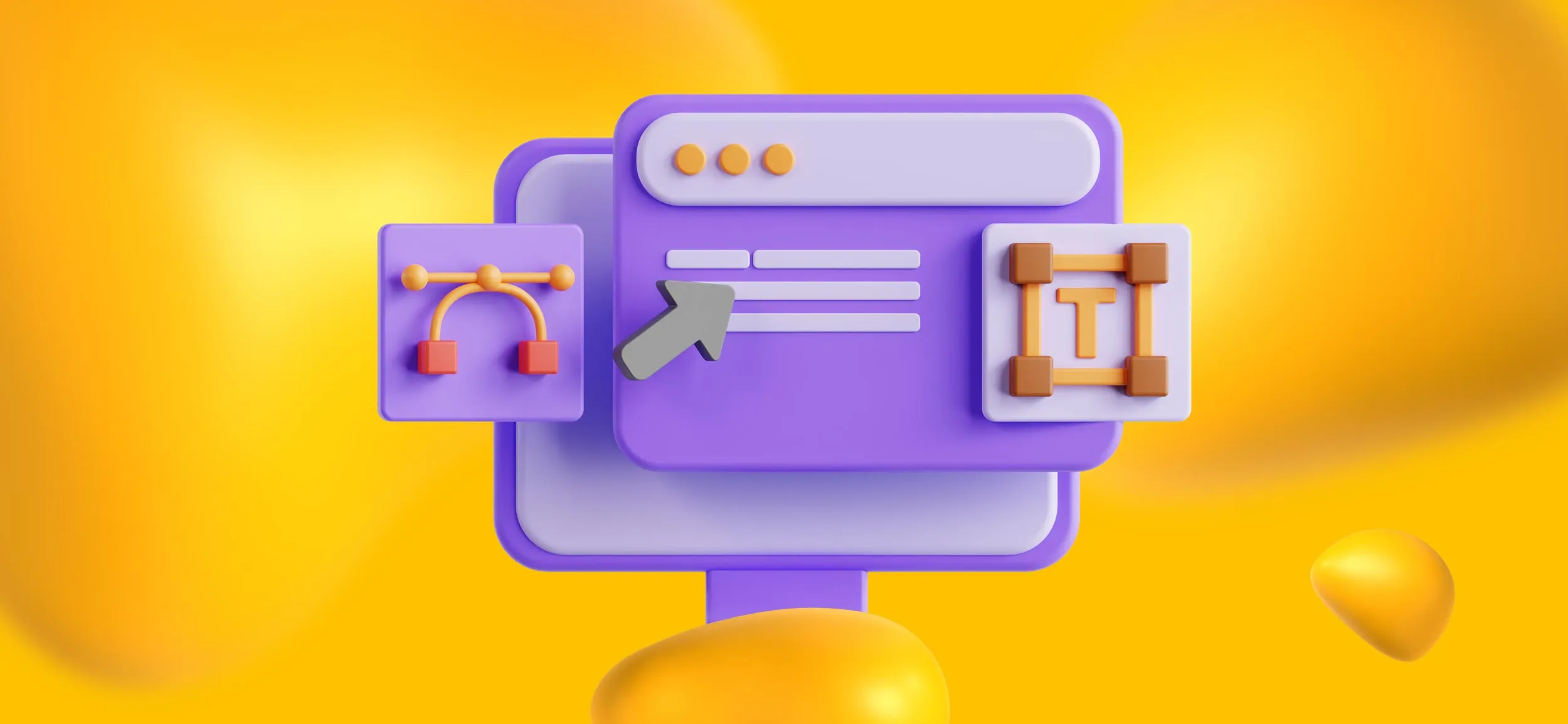 A computer screen featuring elements of web design software, like text boxes, arrows, and a curve tool.