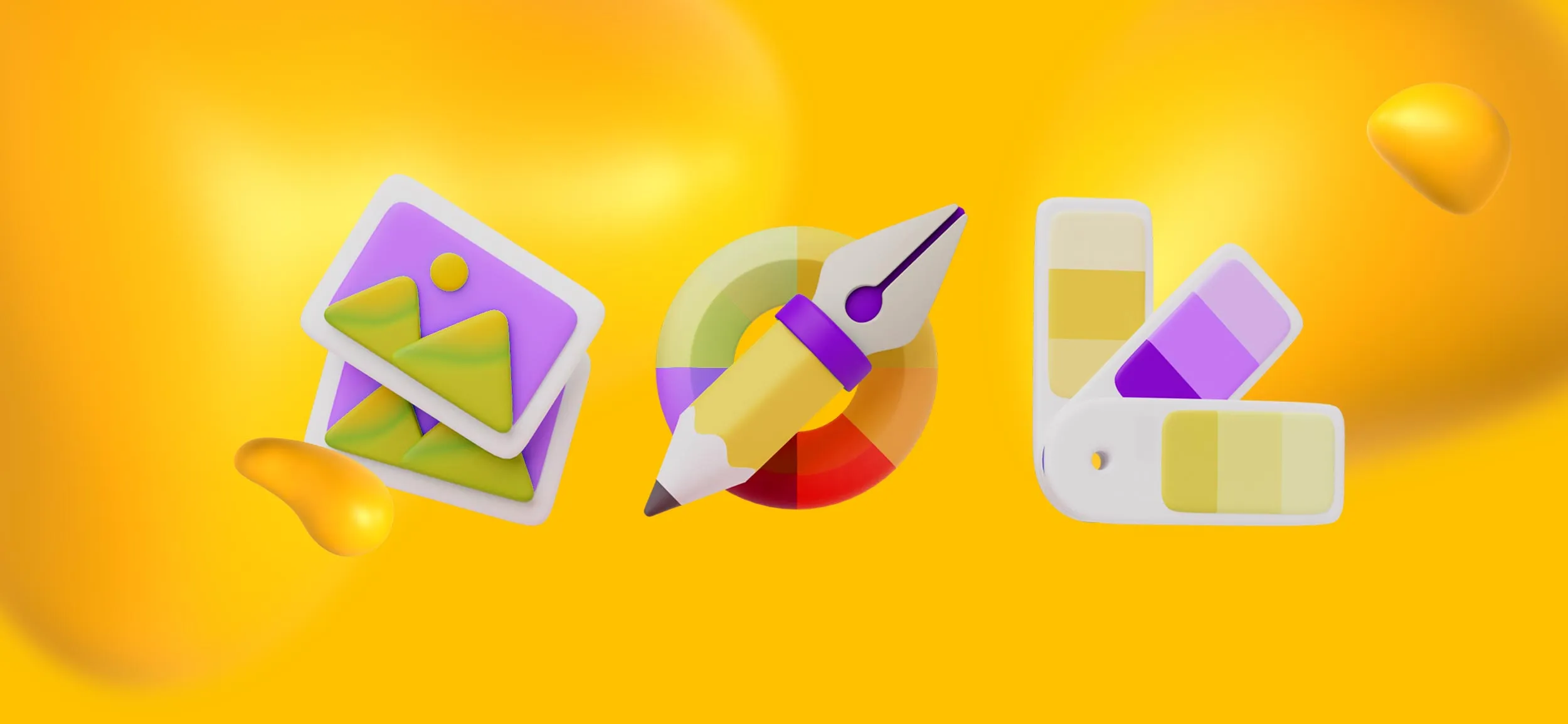 Elements of graphic design, like a color palette, photos, and a pencil/pen tool.