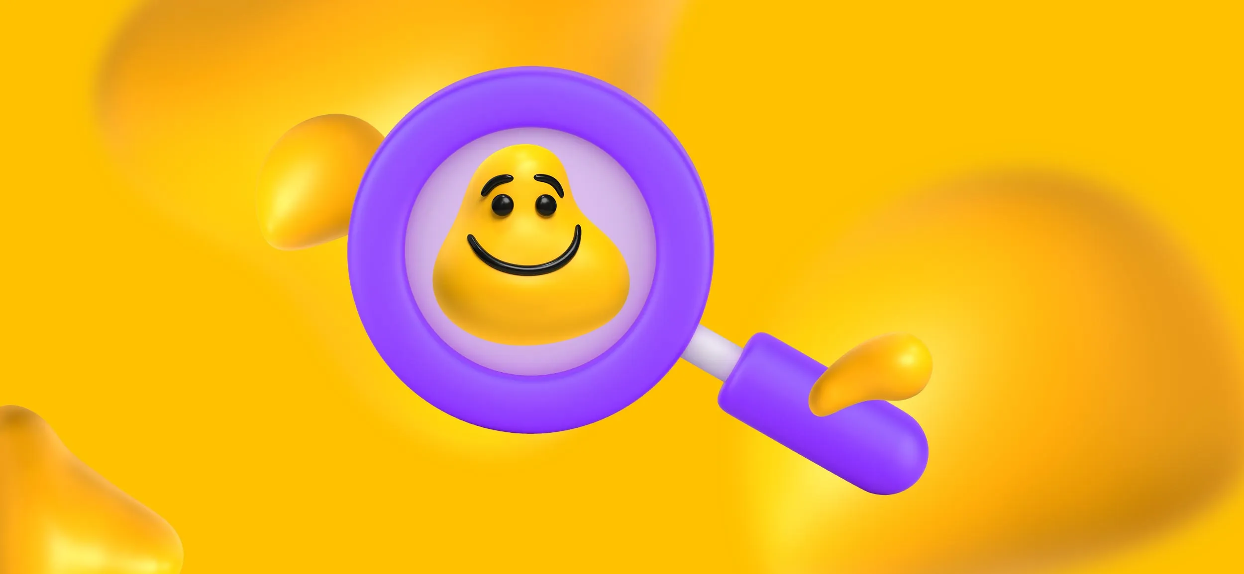 A smiling Designity blob peeking through a magnifying glass.