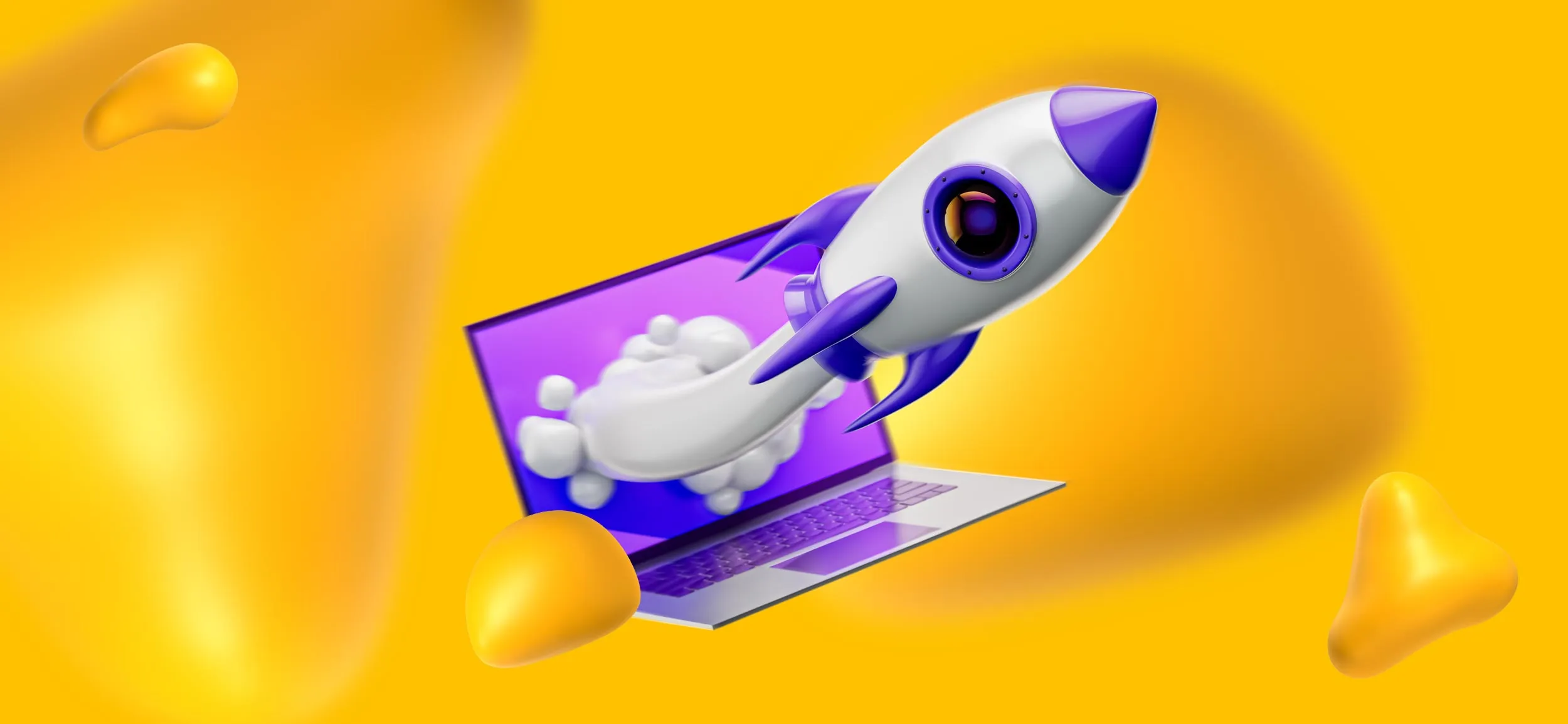 A rocket ship launching from a laptop screen.