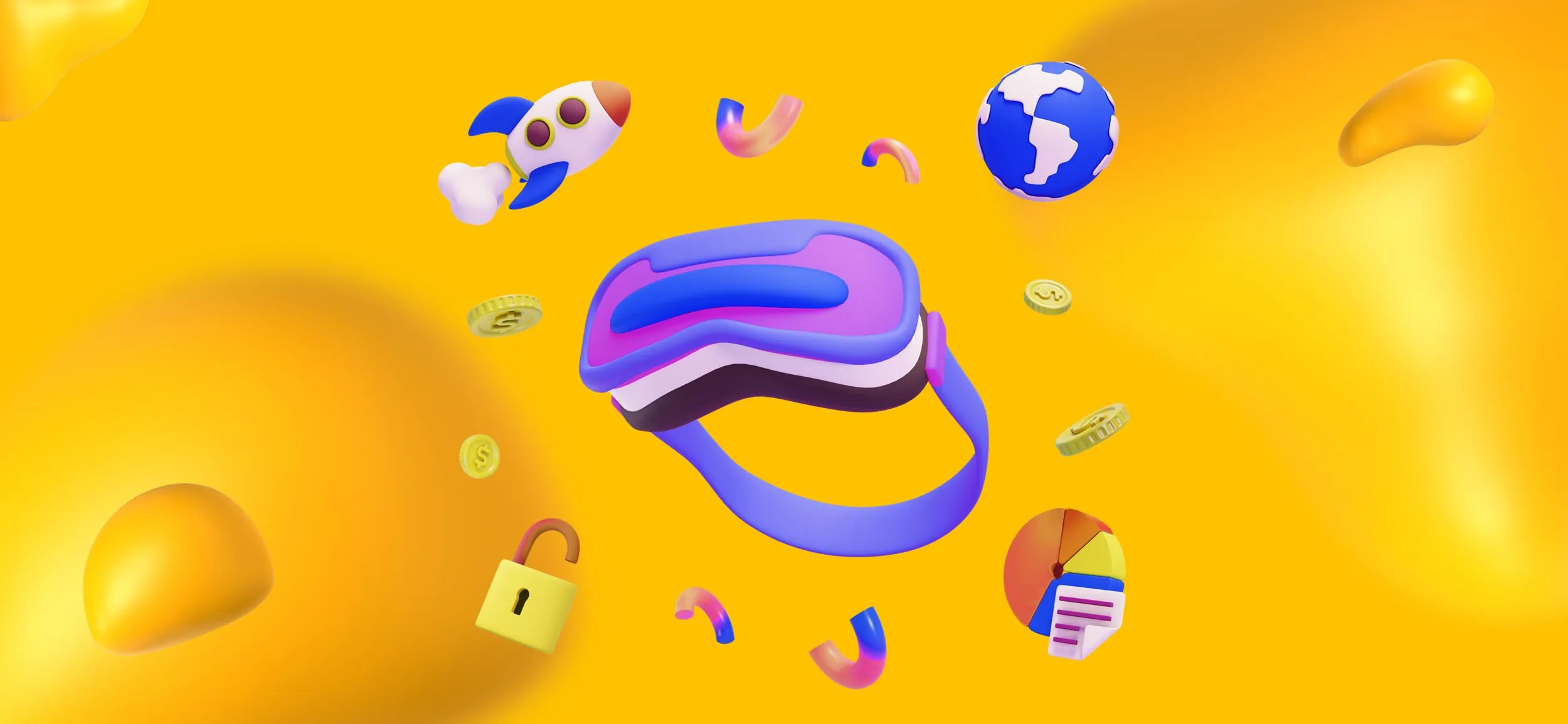 Augmented reality goggles, surrounded by floating elements like rockets, coins, and a globe.