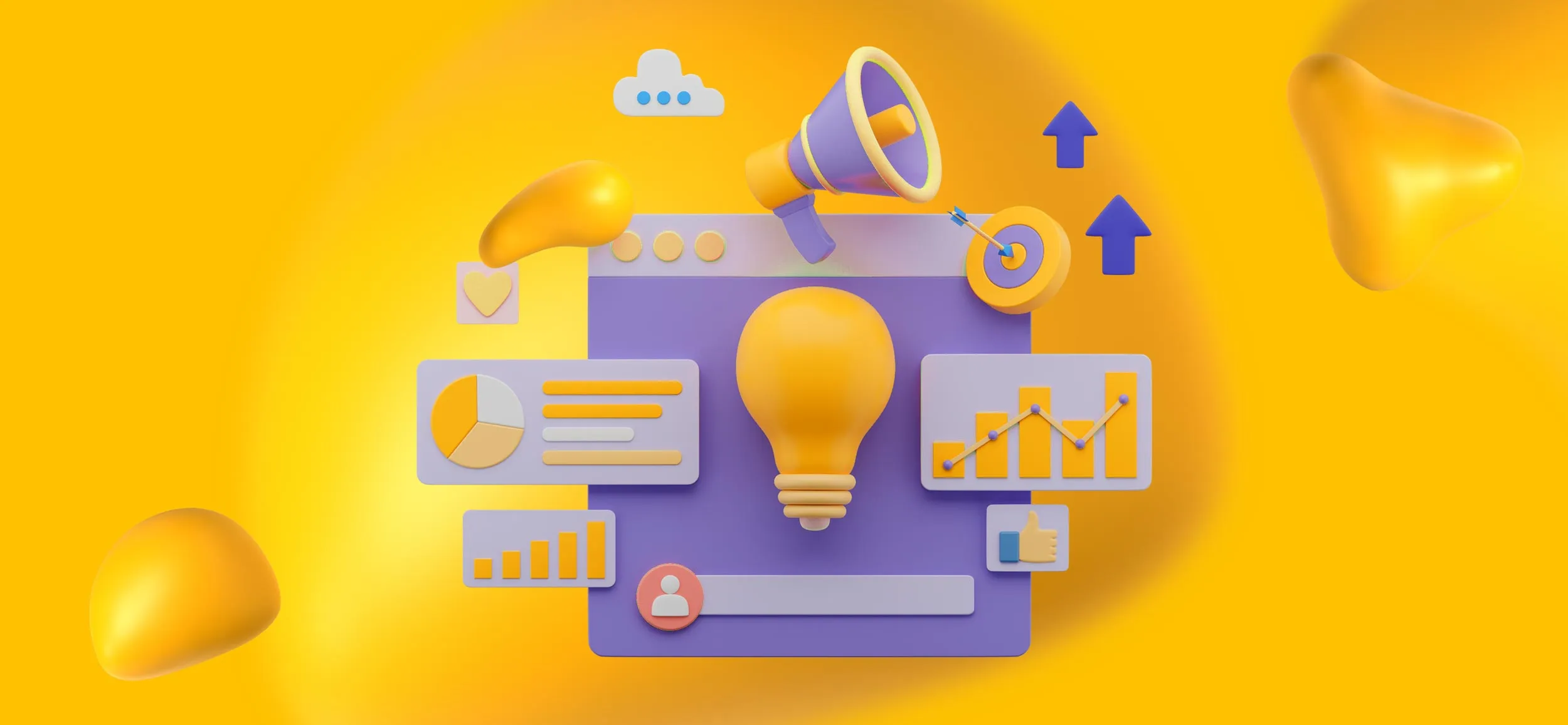 Various elements of marketing, including a megaphone, graphs, a webpage, and a target with a dart in its bullseye.