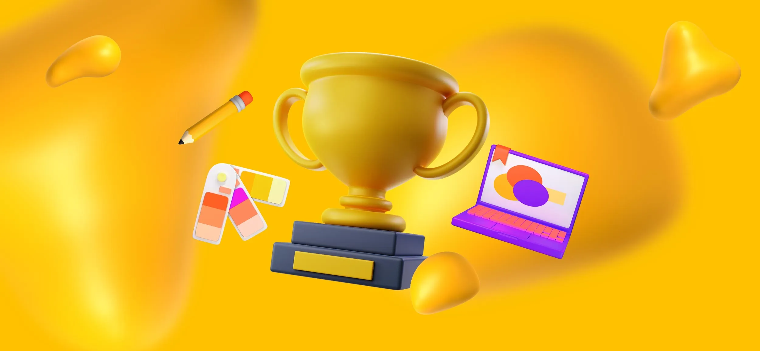 A trophy surrounded by elements of creative services, like laptop, a color pallete, and a pencil.