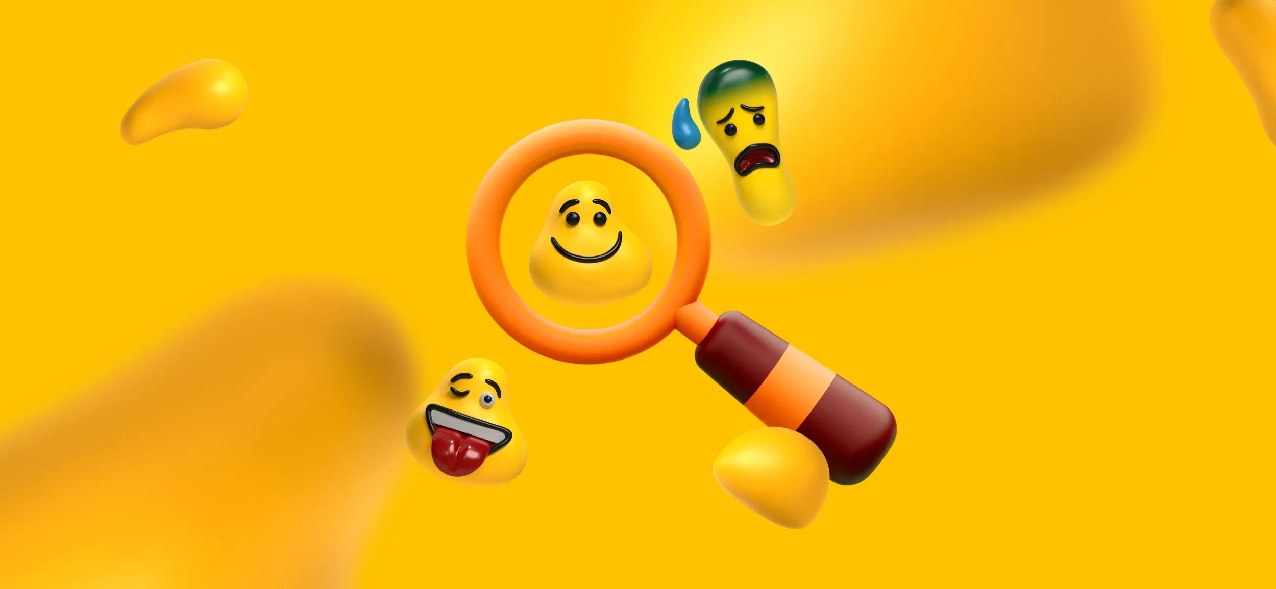 A magnifying glass magnifying a happy Designity blob.