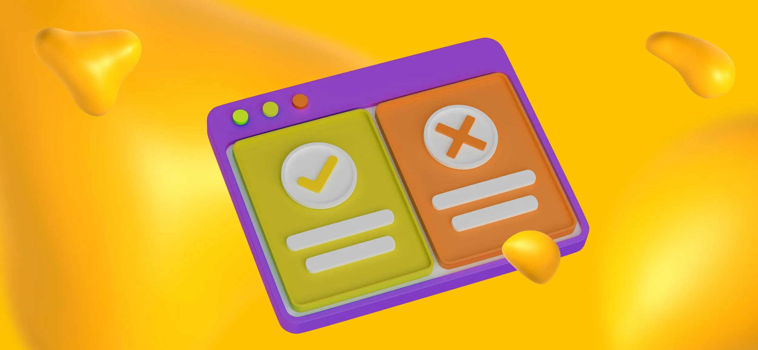 A screen split into 2 sides, one with a checkmark, one with an X.