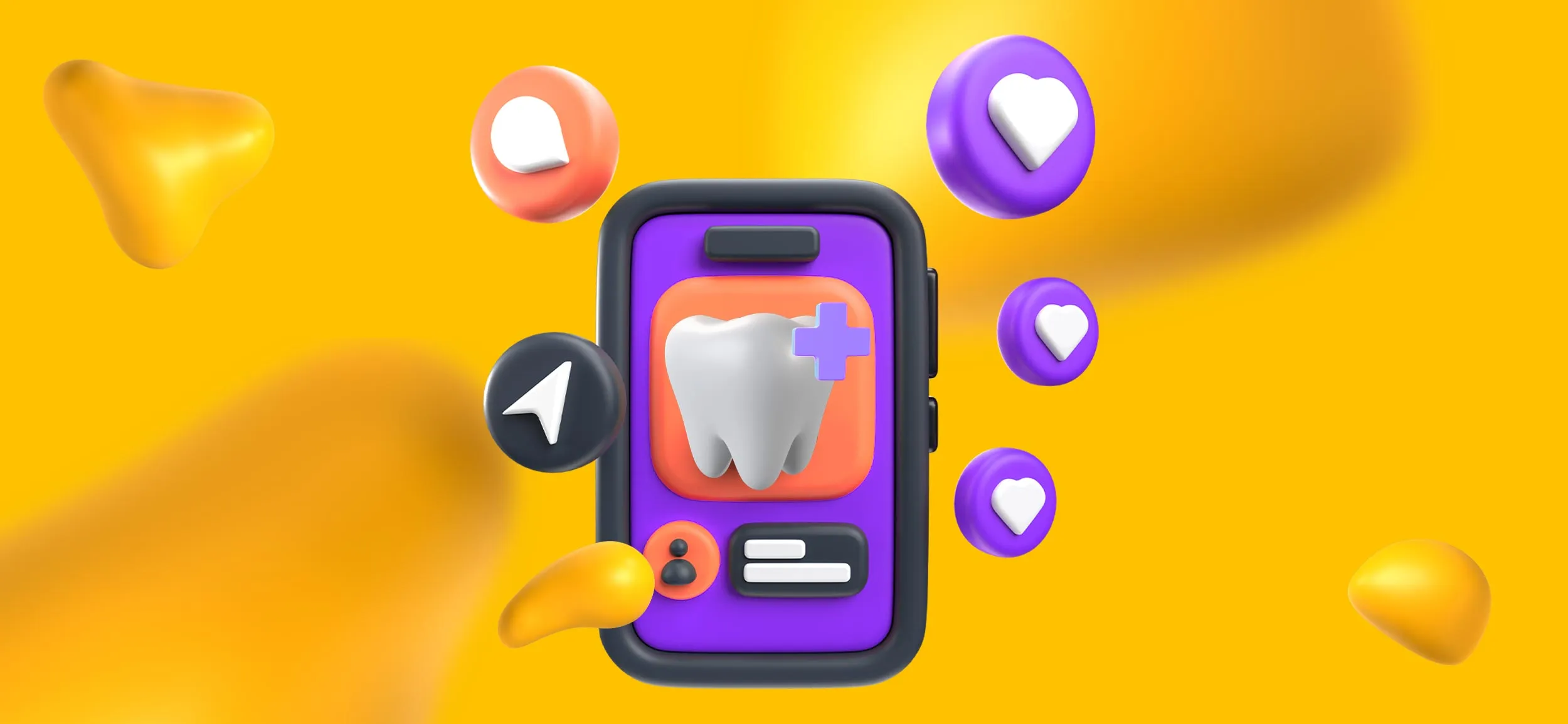 A cell phone screen showing a dentist's social media app, surrounded by floating "likes" and "comment" buttons.