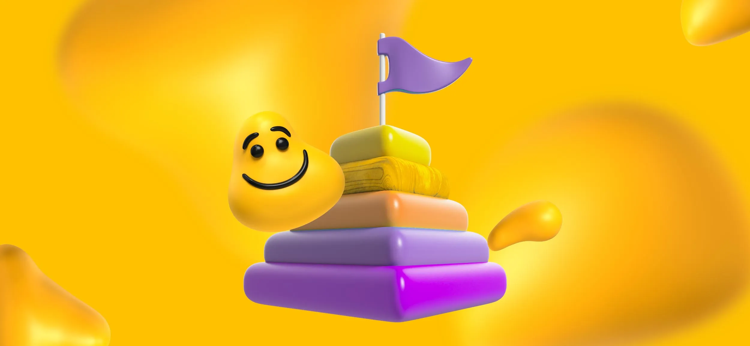 A smiling Designity blob beside a stack of colorful bricks.