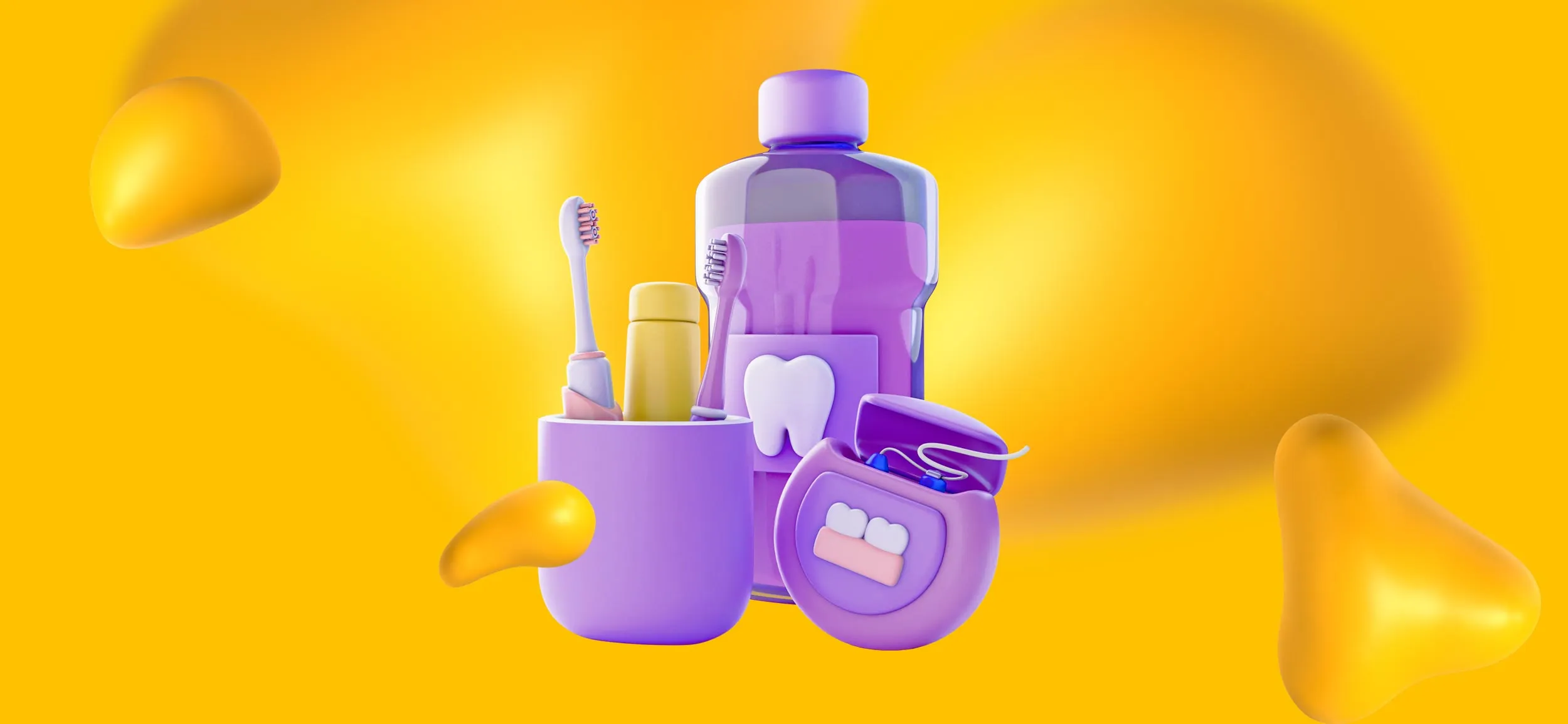 Dental supplies, like toothbrushes, toothpaste, floss, and a bottle of mouthwash.