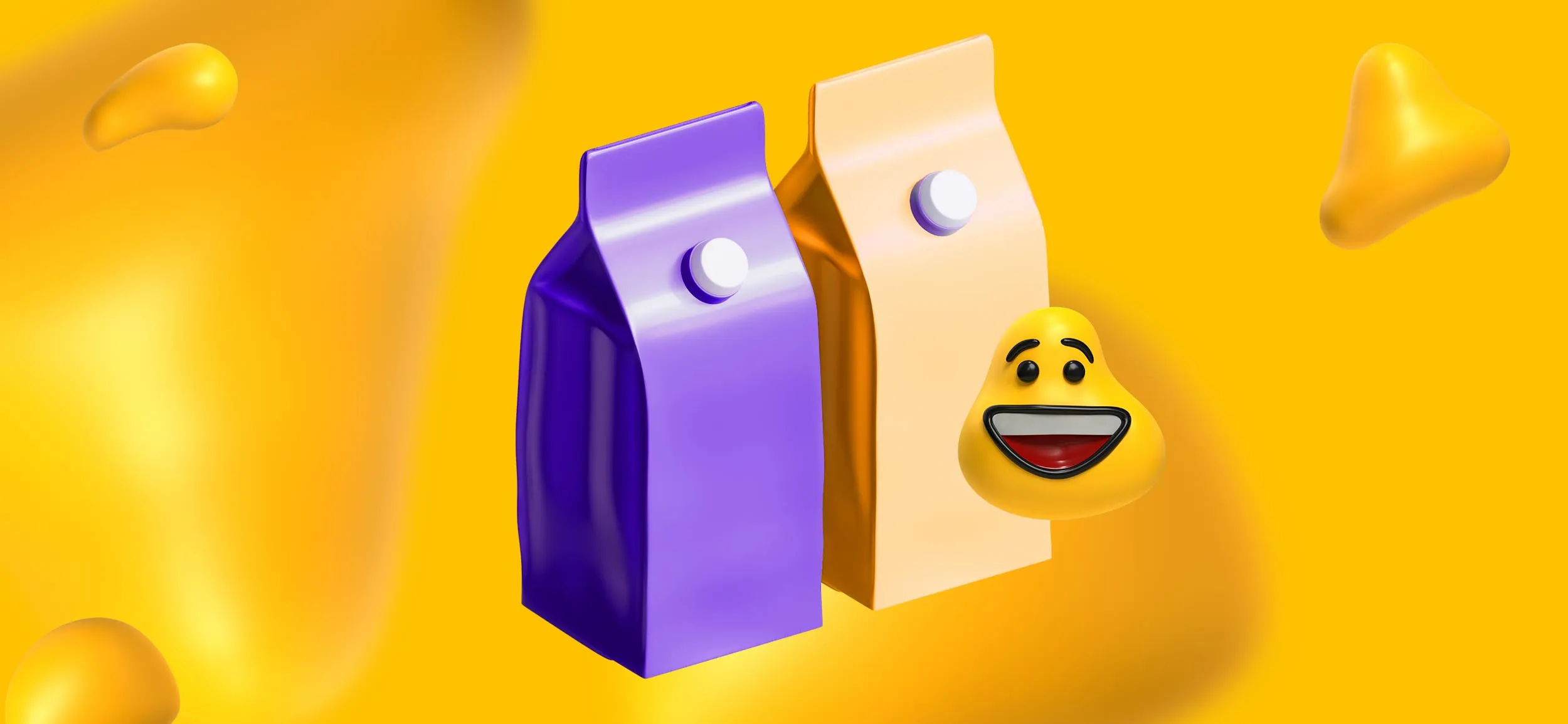 A smiling yellow blob beside two cartons; package design is a service you can expect from a full-service creative agency.