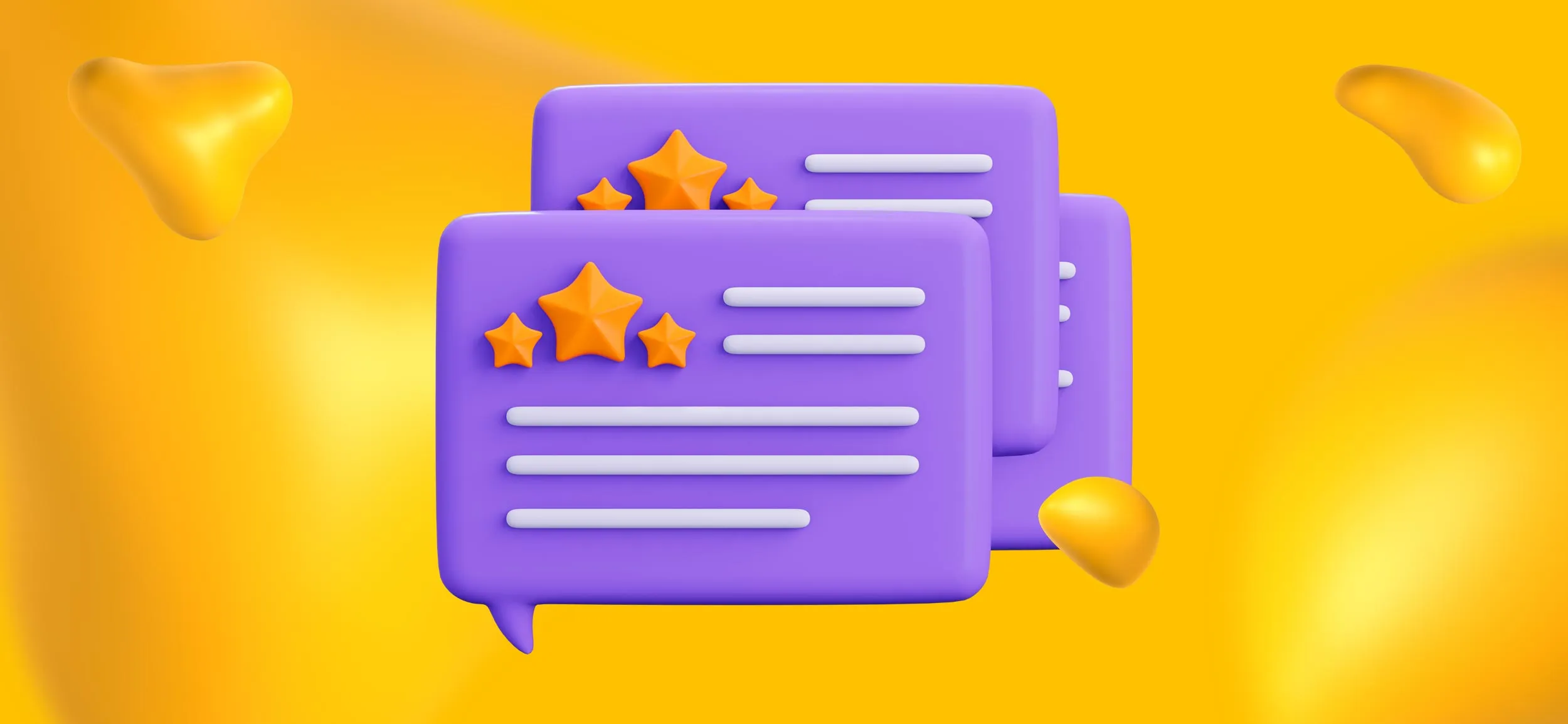 Caption bubbles with a mockup of a 3-star testimonial, for customer feedback.