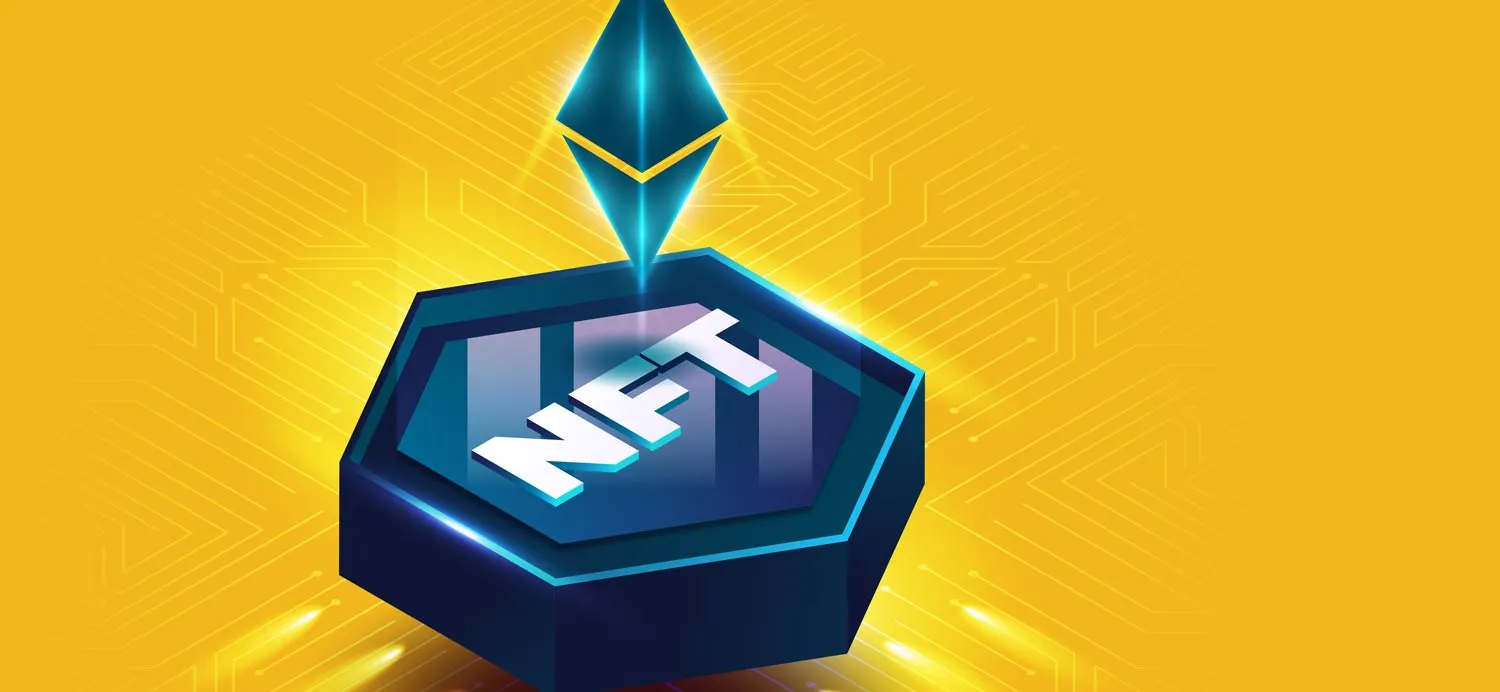 A hexagon with NFT on its front. A glowing blue diamond floats above it.