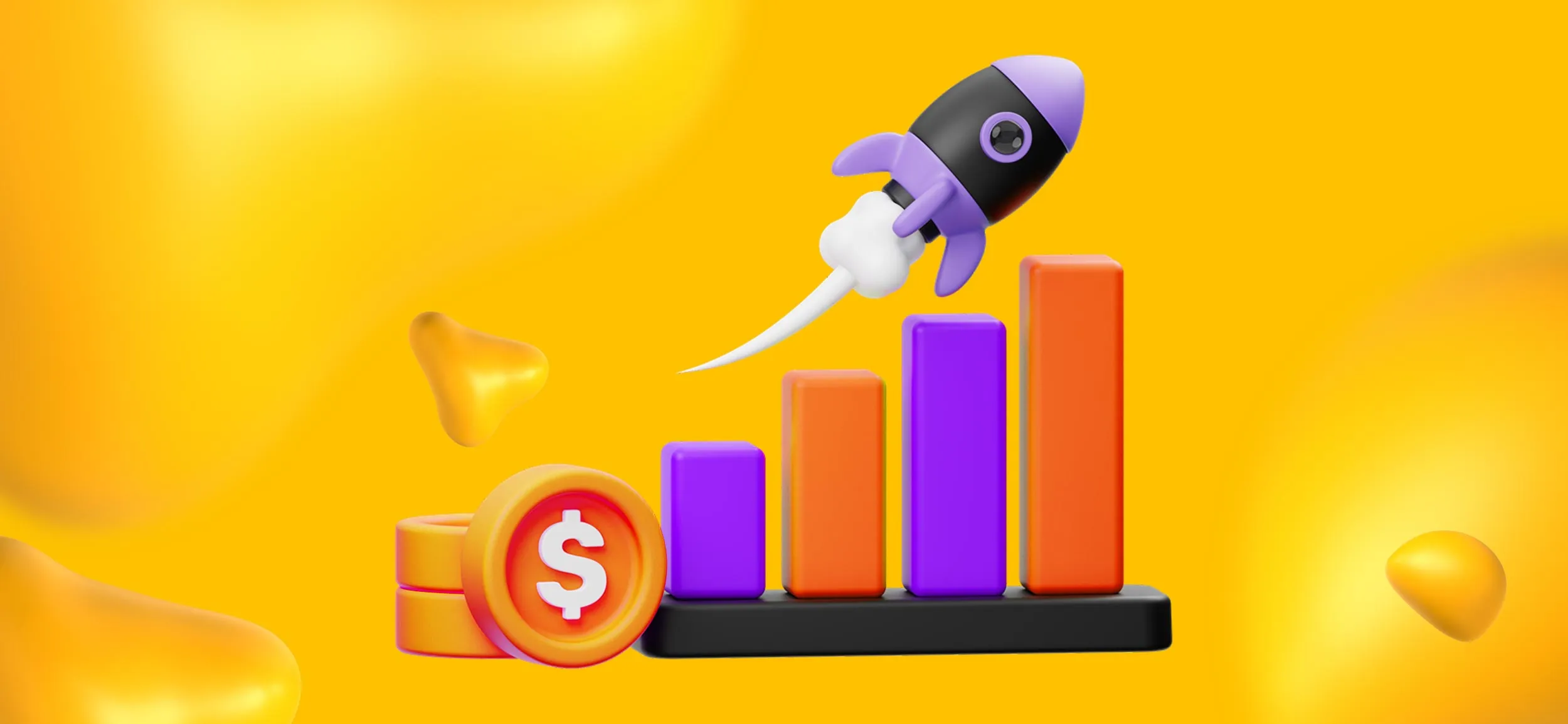 A rocket flying over a stack of gold coins and a bar chart that's trending upward. How content marketing boosts your business.