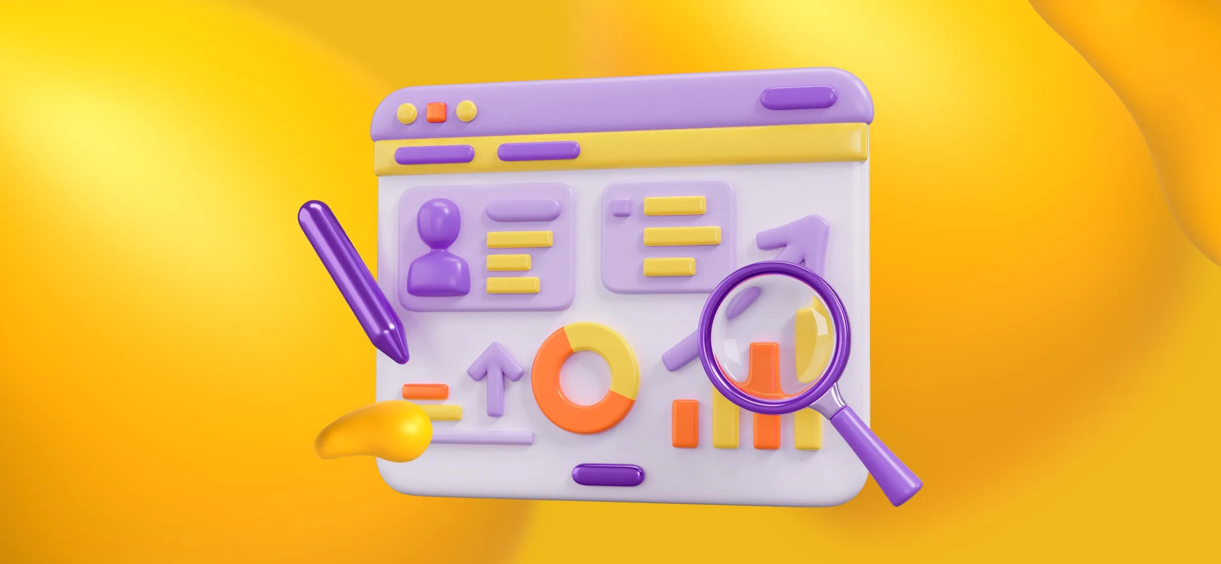 A computer monitor showing elements of analytics, like a magnifying glass, a pen tool, charts, and a user profile.pc