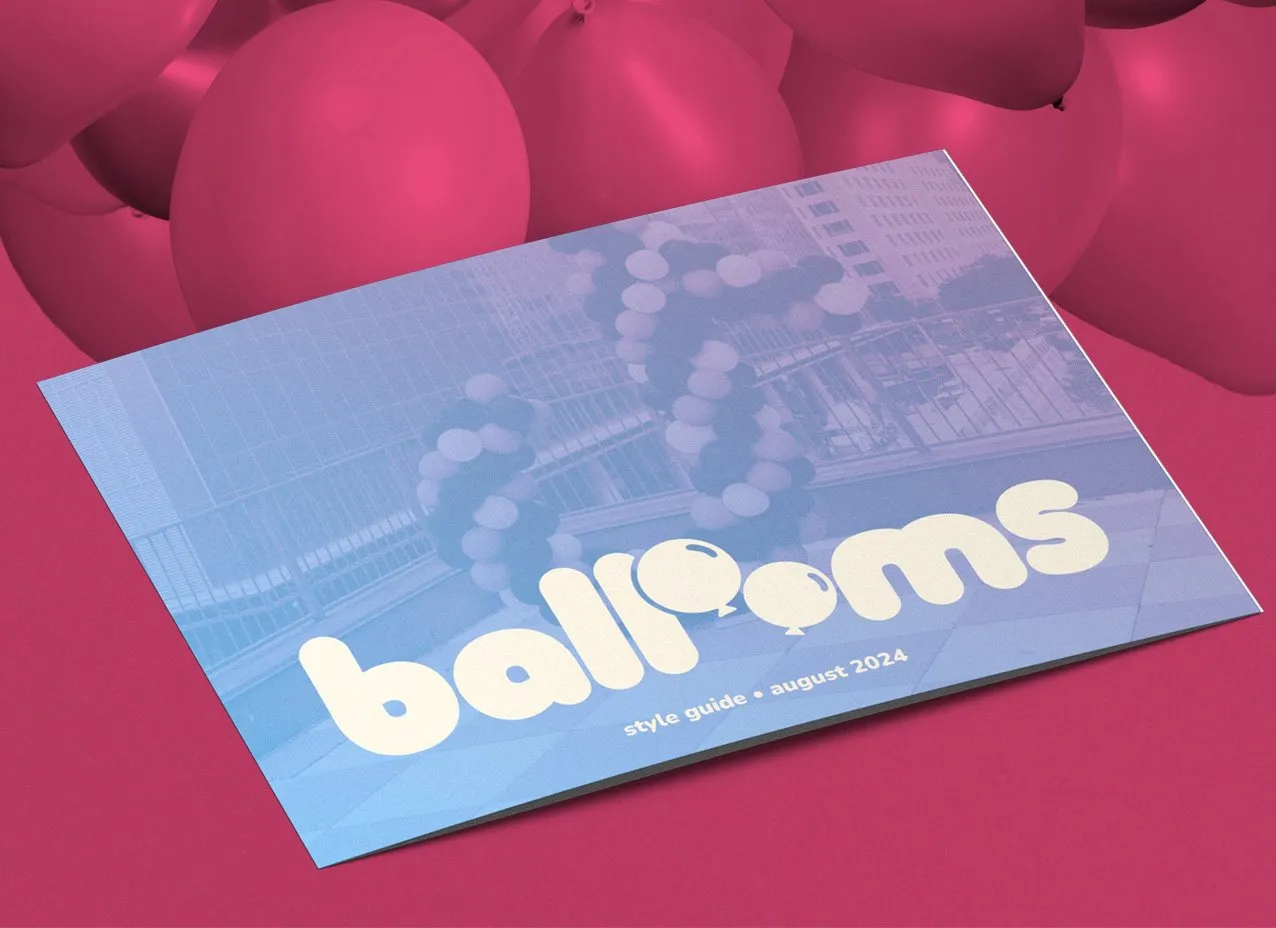 Ballooms Logo & Branding by Designity with cover of rebrand style guide.