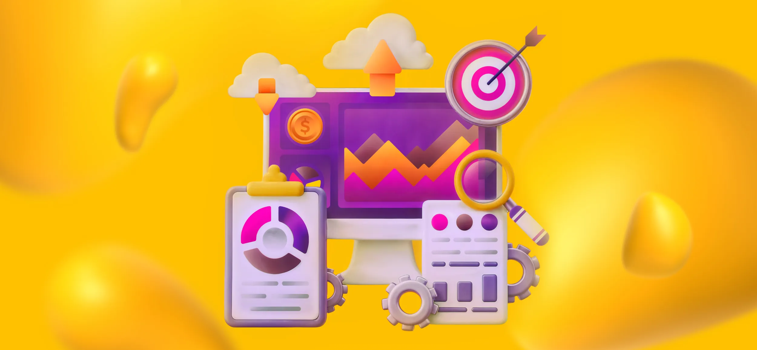 Elements of marketing strategy, including graphs, a bullseye, a magnifying glass, and a computer monitor.