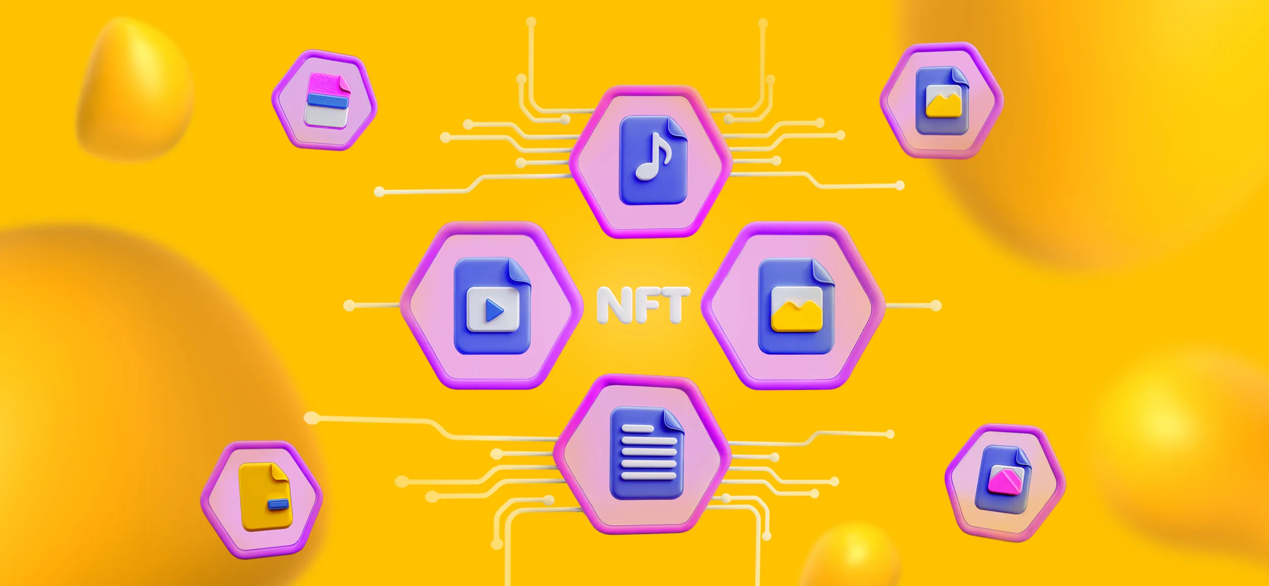 Several connected cells featuring video and image icons, with NFT in the middle.