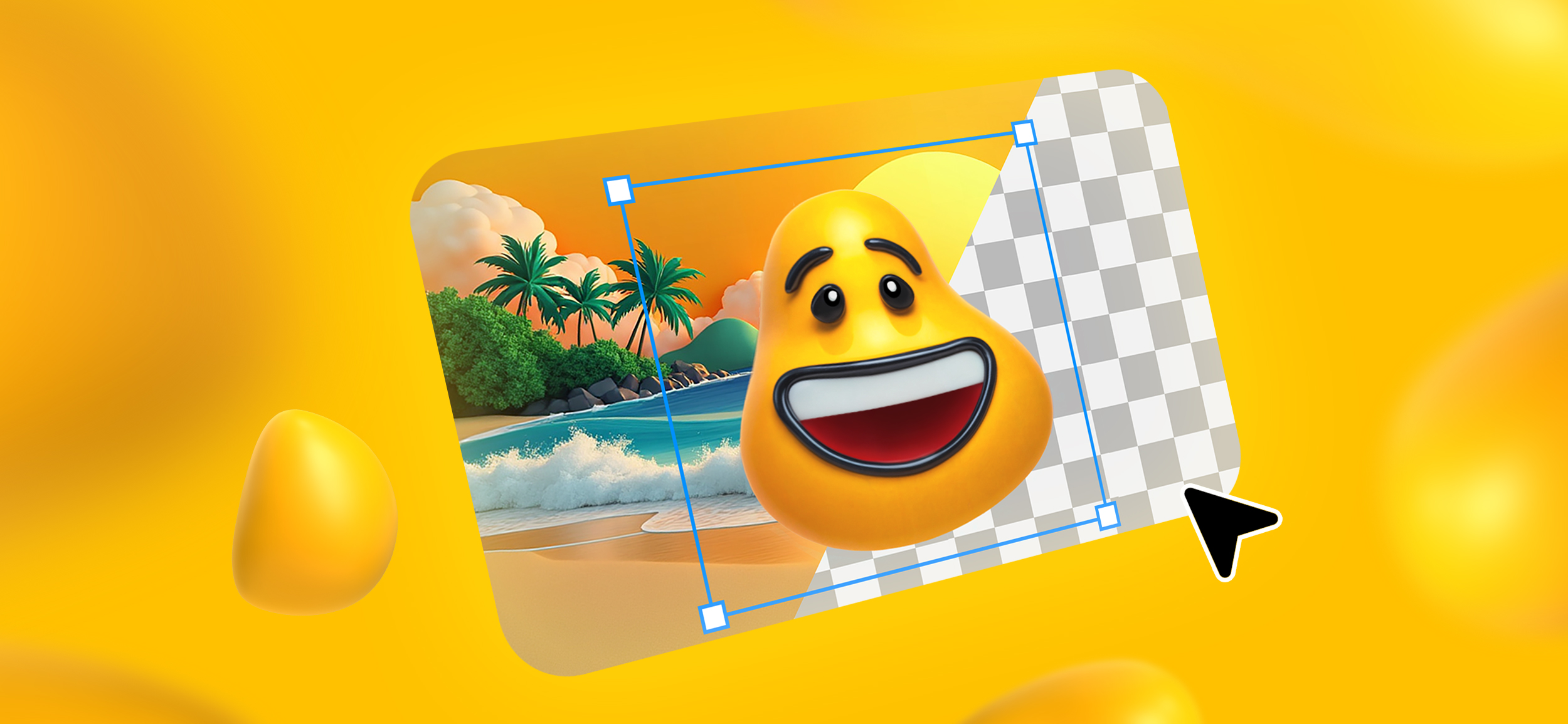 A mockup of a background removal tool, removing a tropical background that was behind a happy Designity blob.