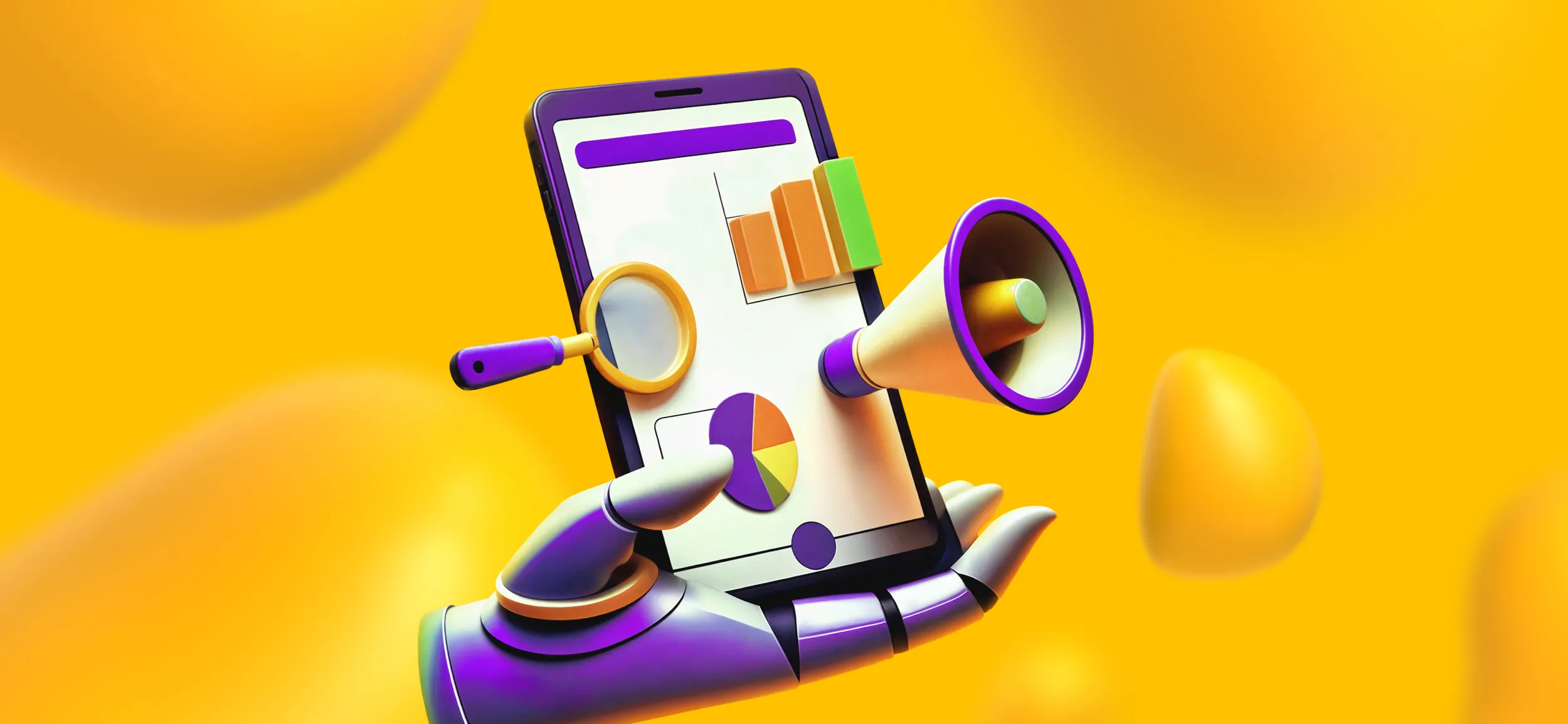 A robot hand holding up a smartphone with elements of marketing on its screen, including a magnifying glass, bar chart, and megaphone.