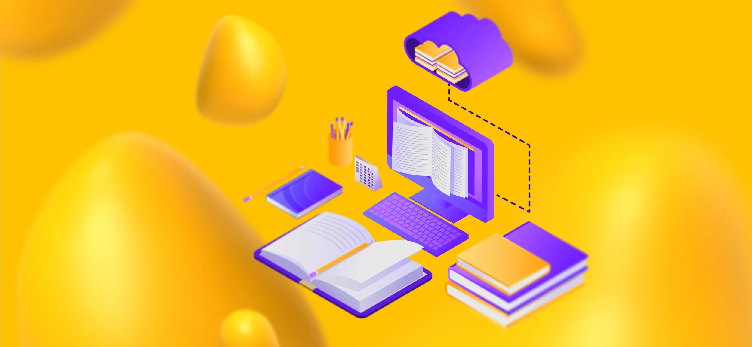 Elements of copywriting portfolios, like books, pencils, and floating cloud for cloud storage.