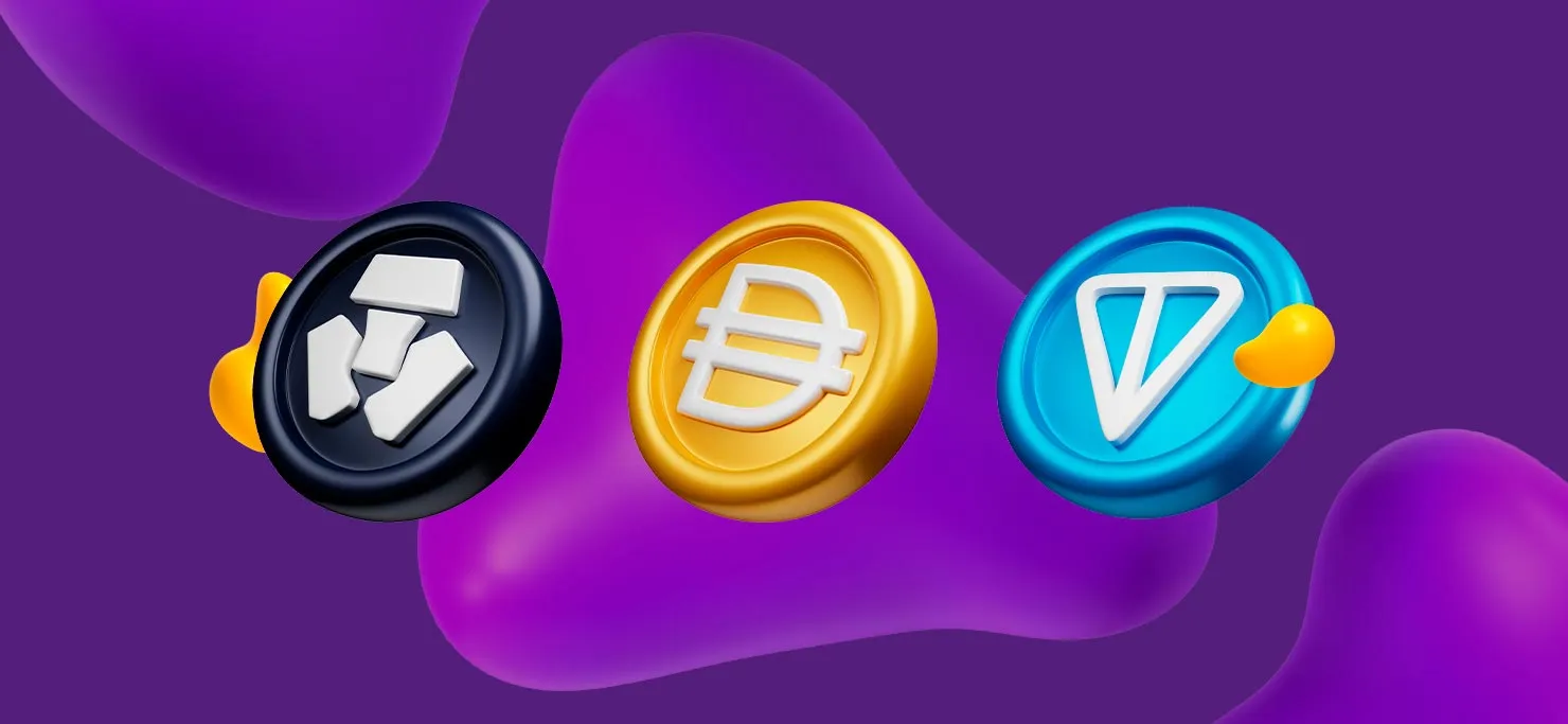 Three coins, each with a Crptocurrency logo, Crypto.com, Dai, and Toncoin.