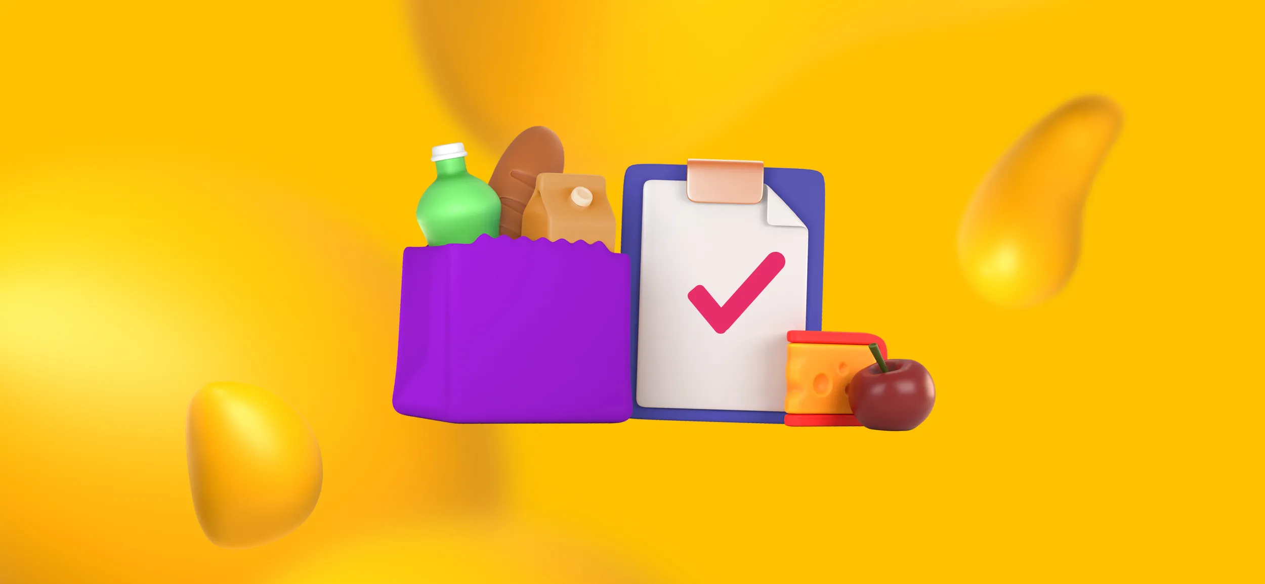 A bag of groceries and a clipboard for, "tasting events and pop-ups," a Designity food marketing tip.