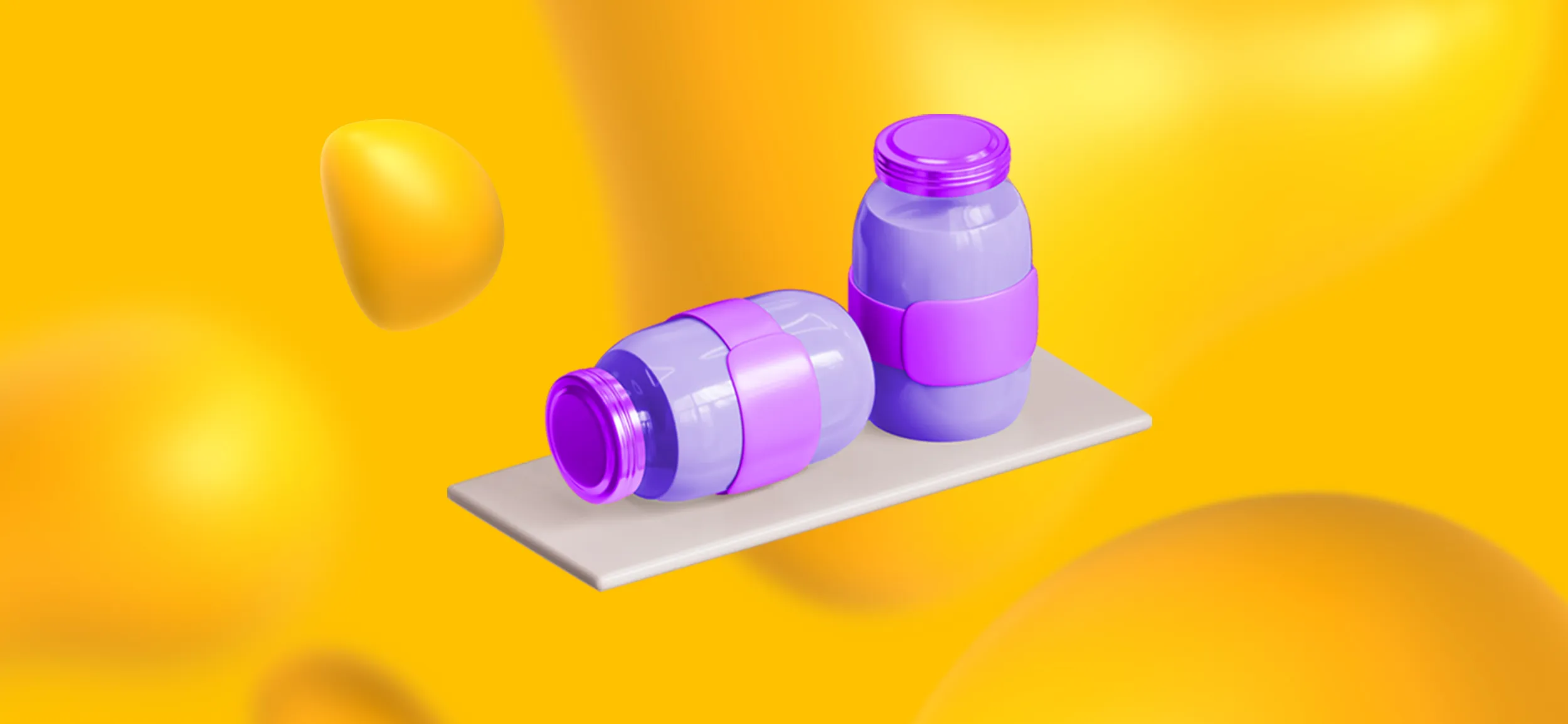 Two bottles with slick purple packaging for, "invest in your packaging," a Designity food marketing tip.