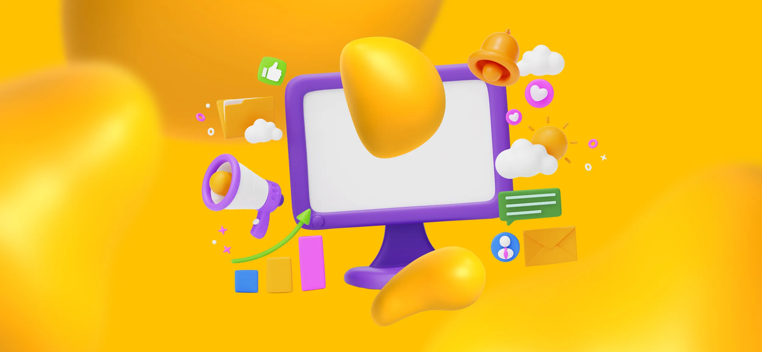 Elements of marketing, such as computer monitor, email, megaphone, social media icons, and more, for conducting market research.