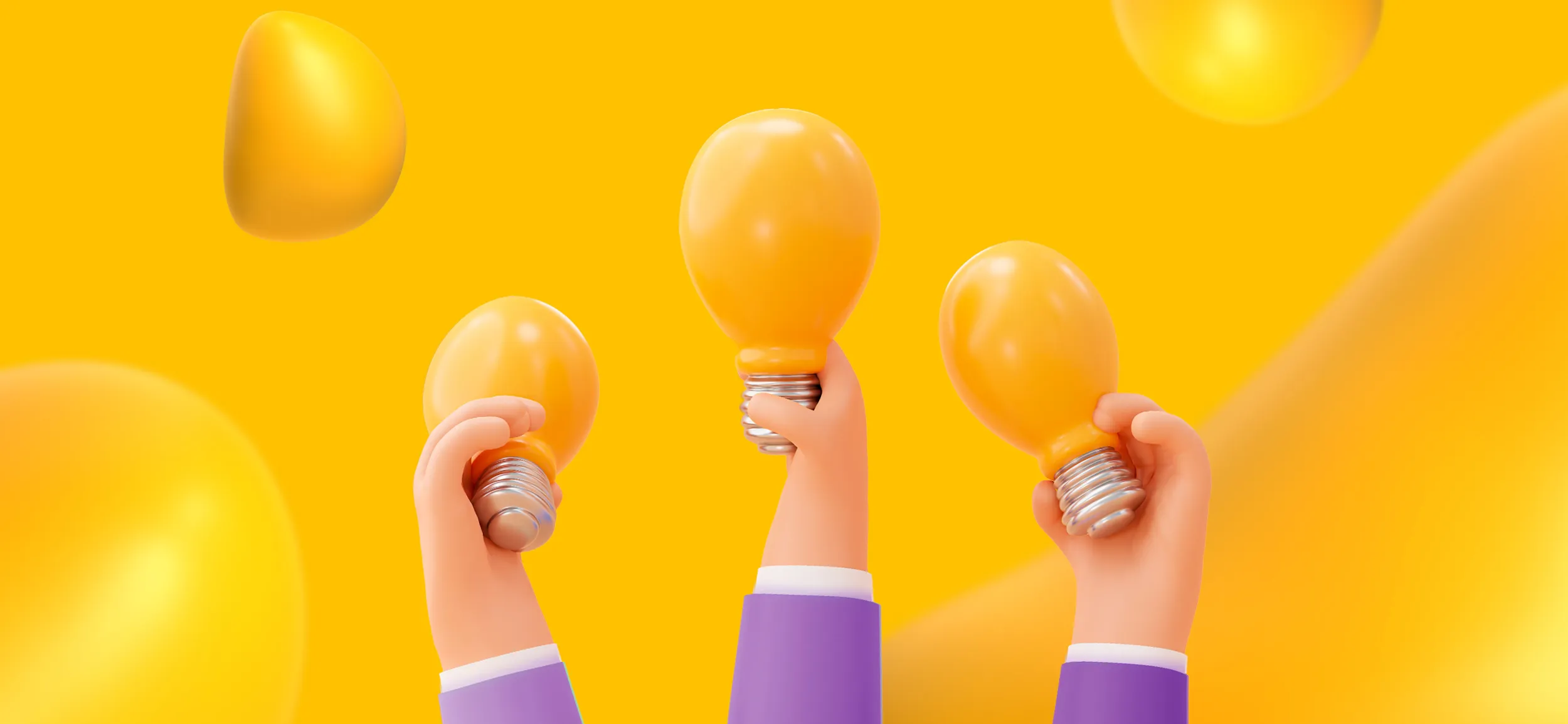 Three hands holding up lightbulbs, for collaborating with creative teams, a core duty of an advertising specialist.