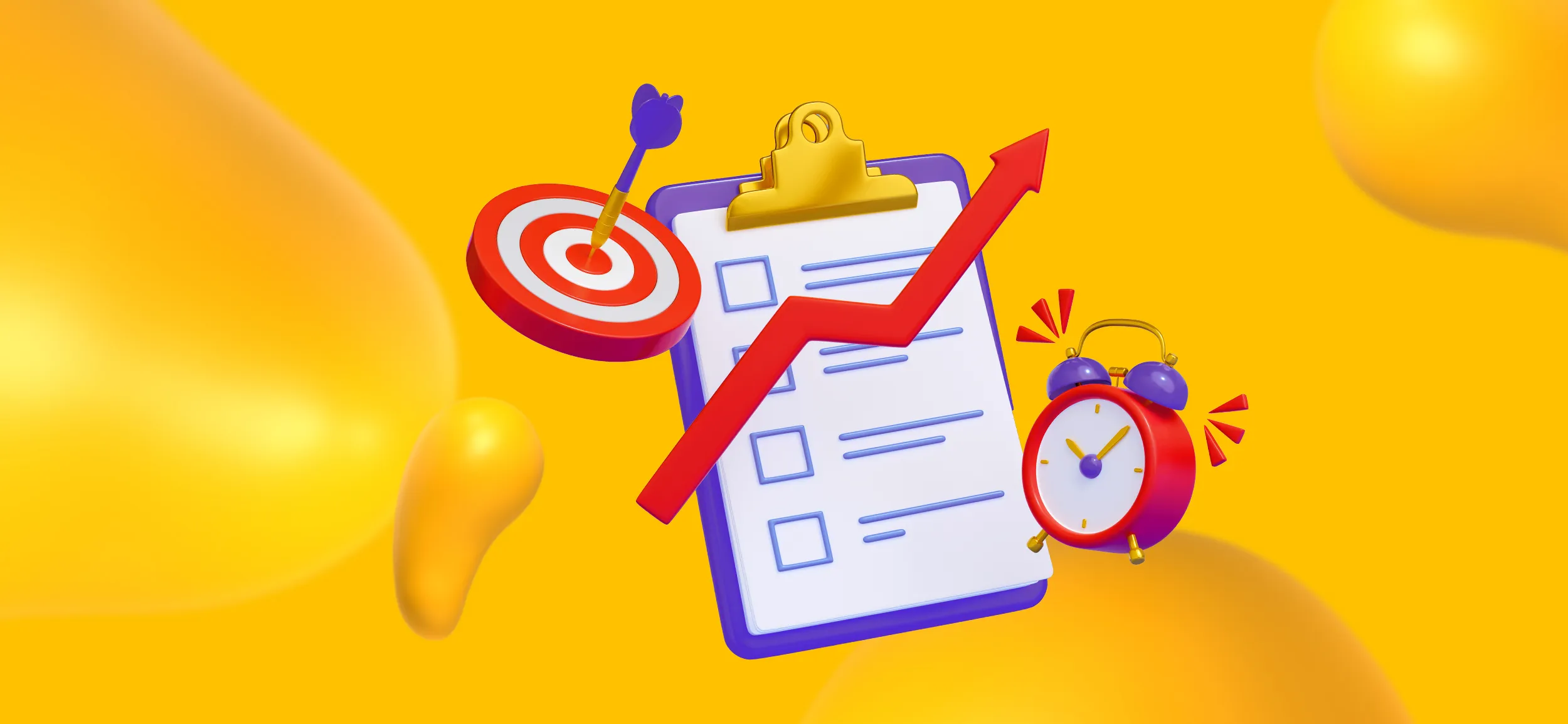 A clipboard, dartboard, alarm clock, and trending arrow, for tracking and analyzing campaigns, a core duty of an advertising specialist.