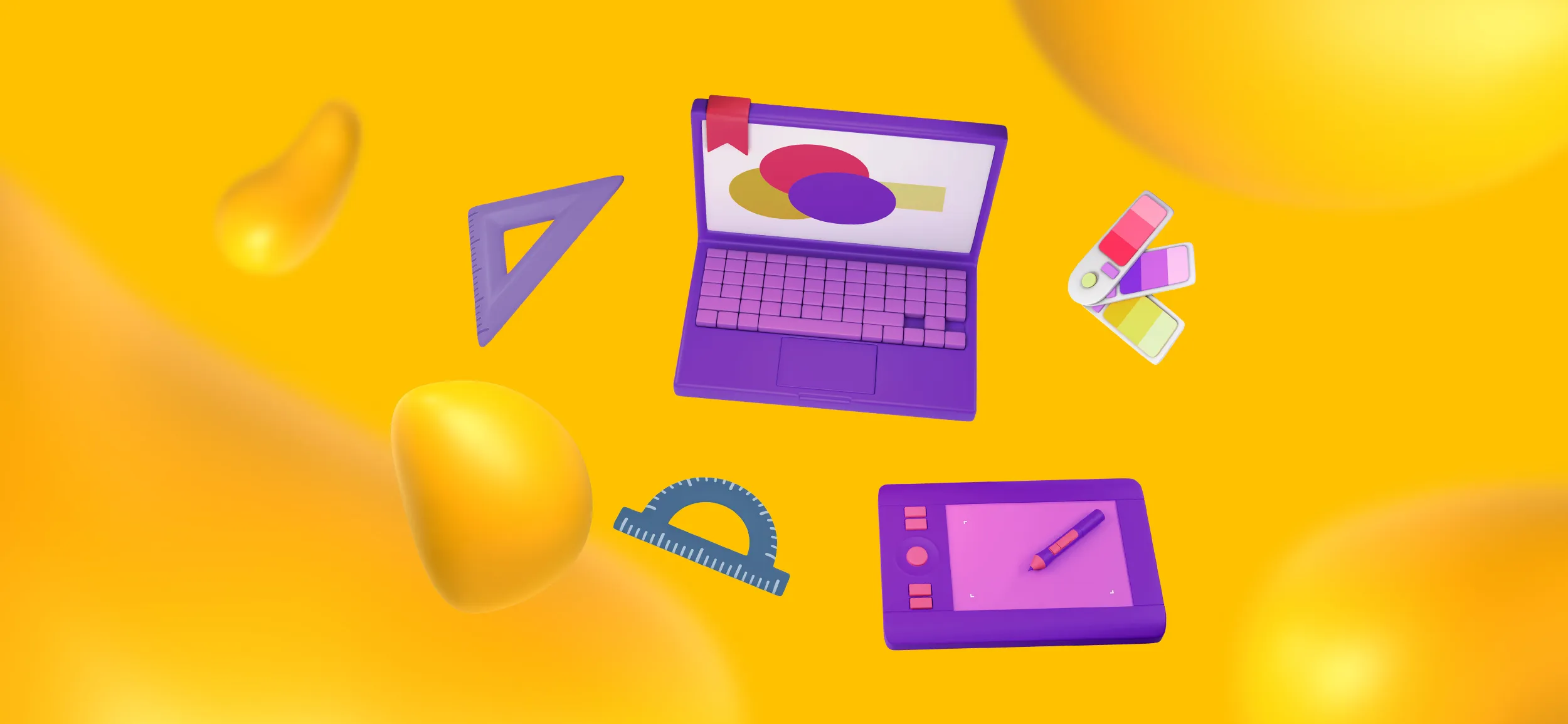 Elements of graphic design software, like a laptop, color palette, and carpenter's square. Technical know-how is important to succeed in an on-demand design career.