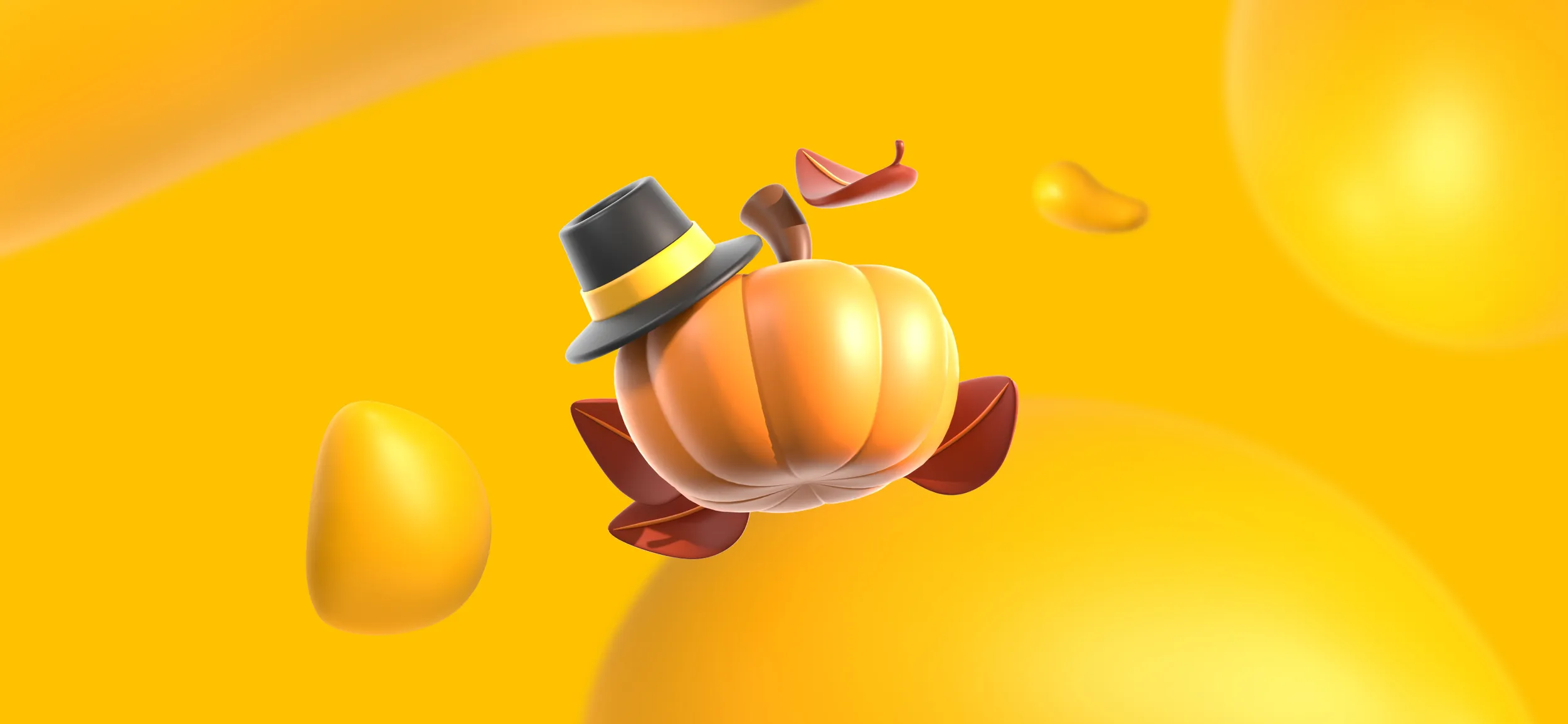 A festive pumpkin with a pilgrim hat sitting in fall leaves. Spice up your social media with Thanksgiving content.