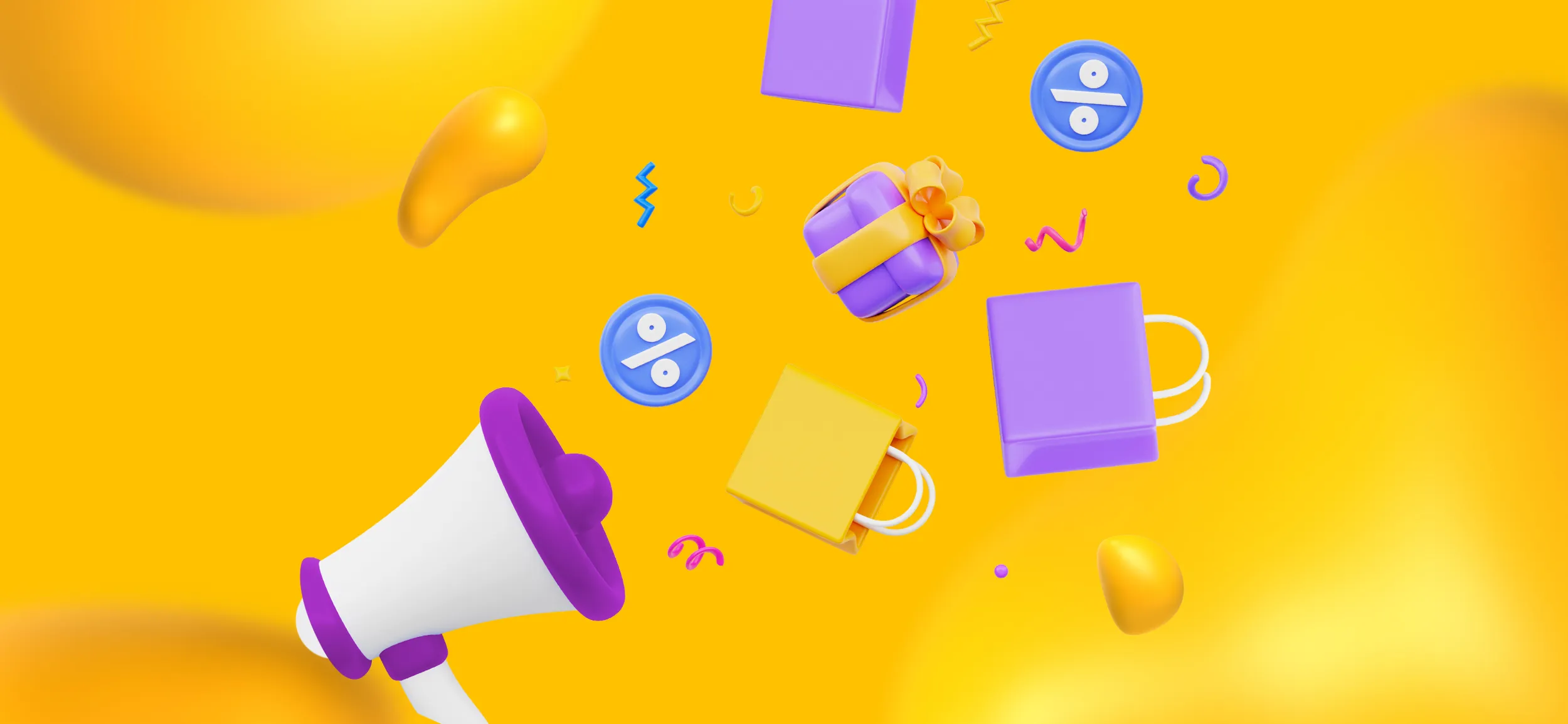 Elements of marketing, like gifts, megaphone, and shopping bags. Start your Black Friday marketing early!