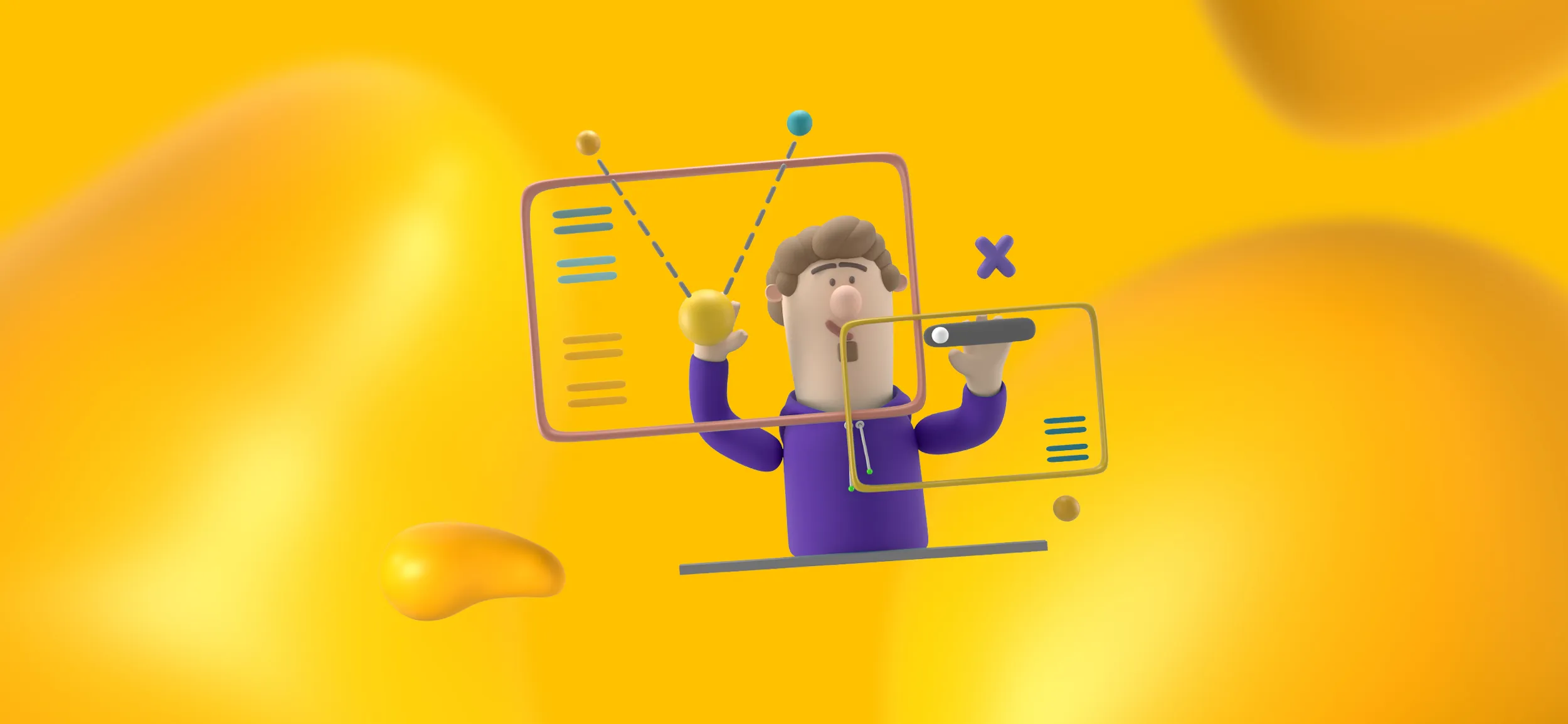 A 3D man working on a transparent whiteboard and tablet. Creating content that educates is the 3rd step in a client-centered legal marketing strategy.