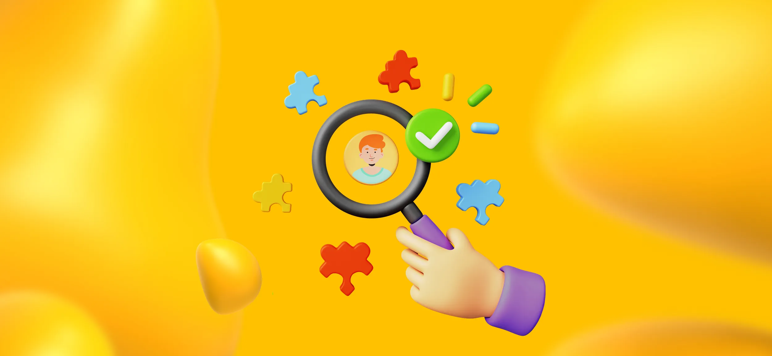 A hand holding up a magnifying glass on a man's face, surrounded by puzzle pieces. Understanding your idea client is the 1st step in a client-centered legal marketing strategy.
