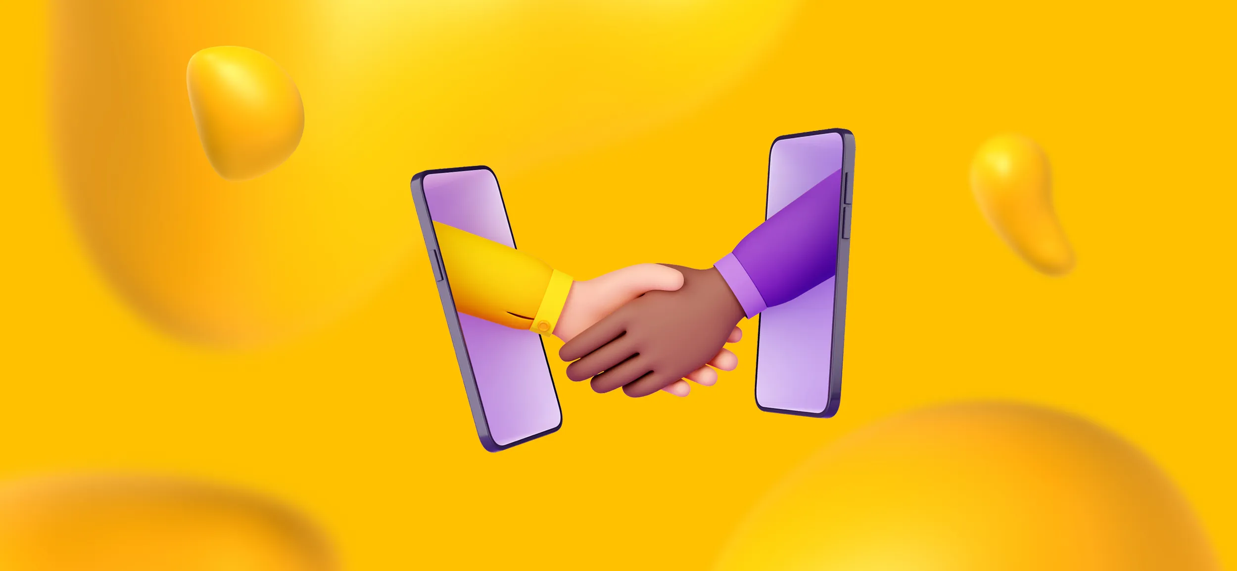 Two hands shaking through two cell phones, for "collaboration," an important aspect to consider when searching for creative services.