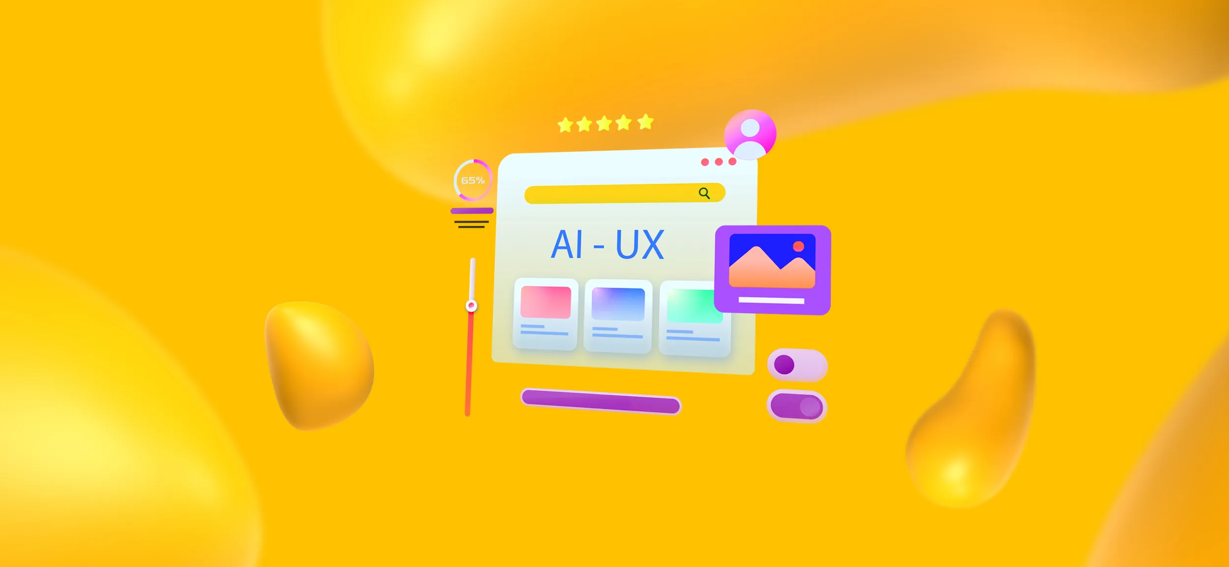 Elements of UX design, including a website screen, graphics, and a user profile.