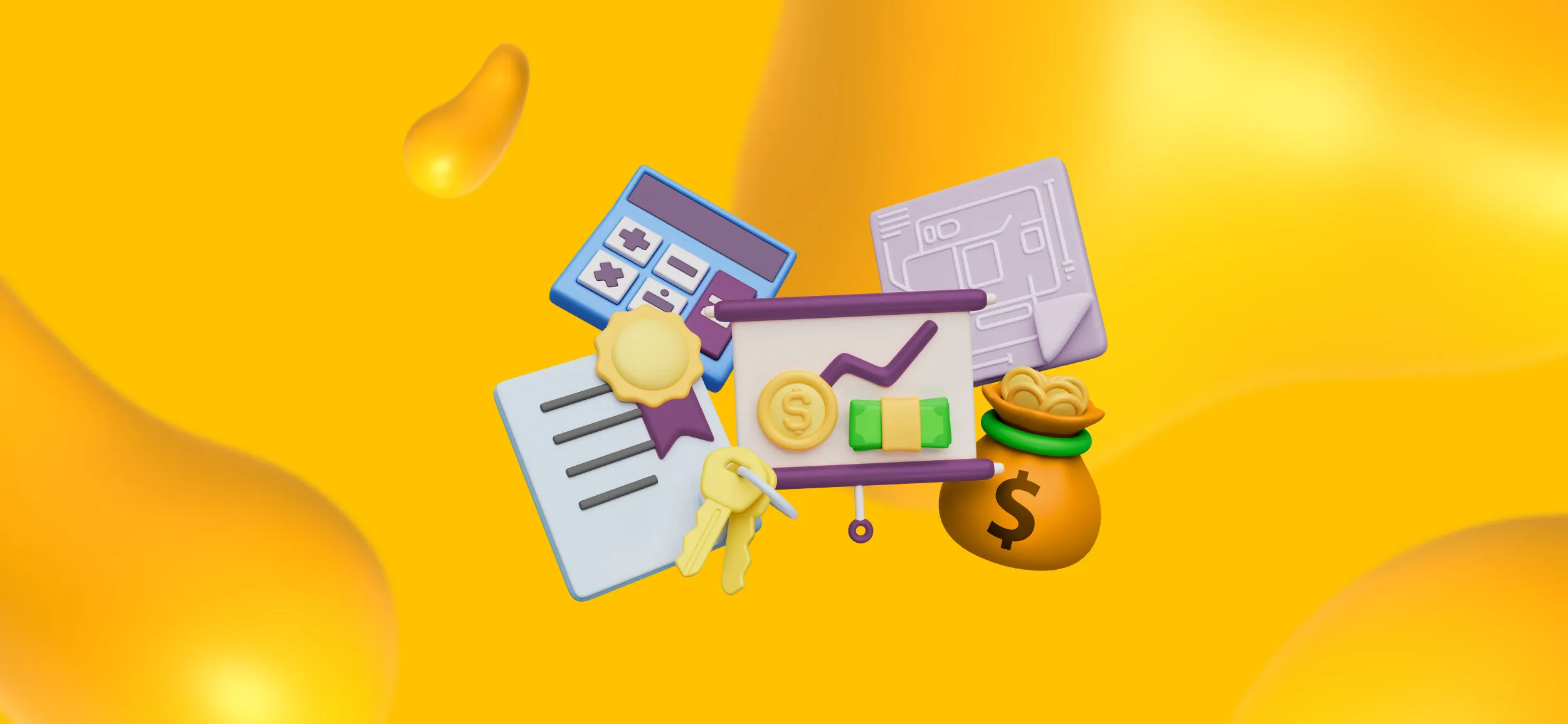 Elements of a go-to-market plan, including money, a calculator, and a chart trending upwards.