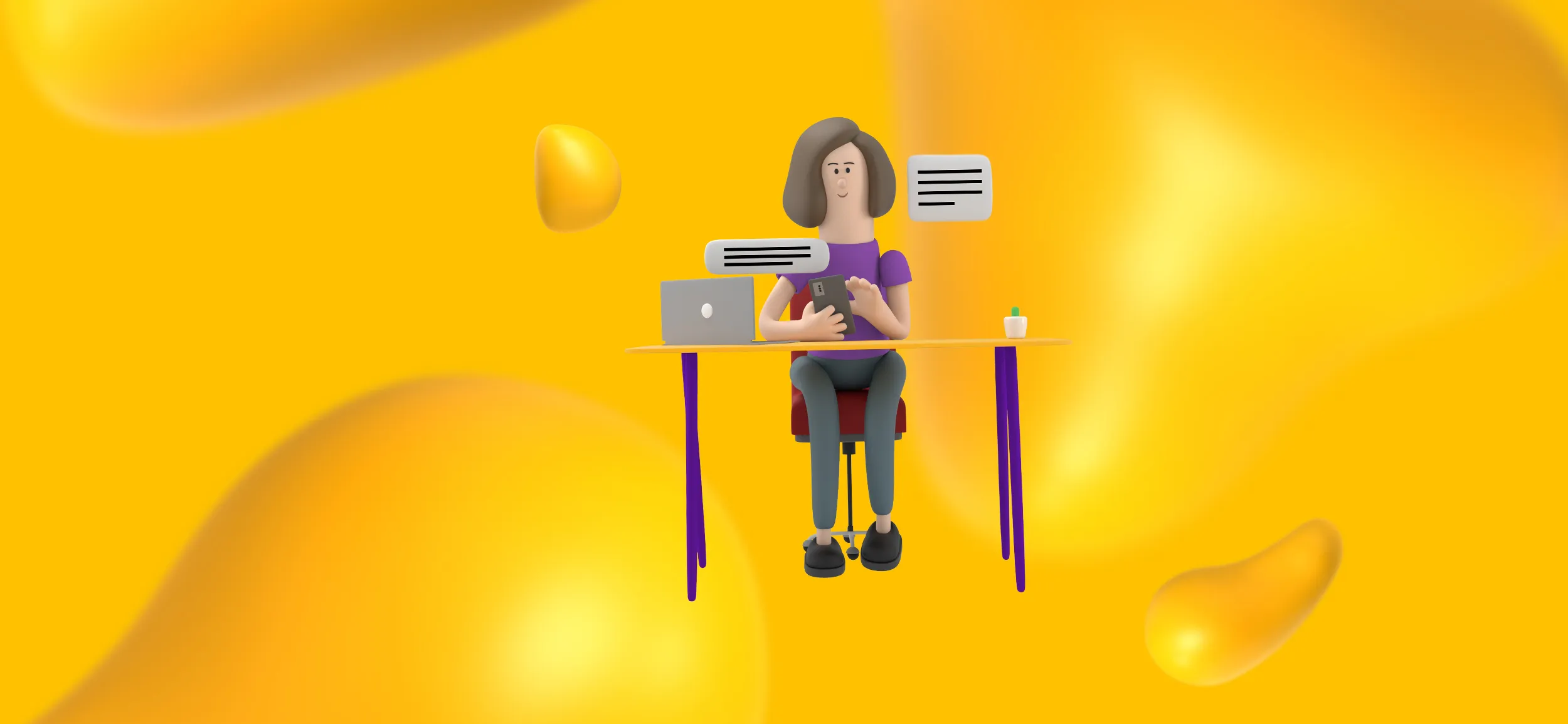 A woman sitting at her desk, messaging an SEO copywriting agency on her phone!