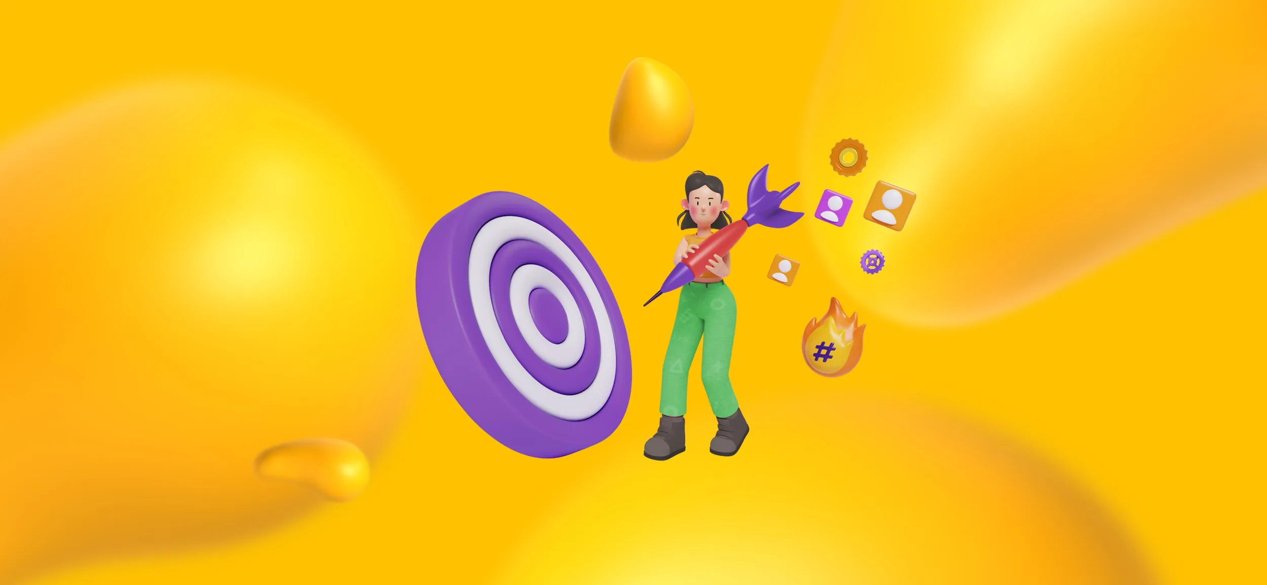 A girl holding a giant dart next to a bullseye, for "define your target audience," the first step in any manufacturing marketing strategy.
