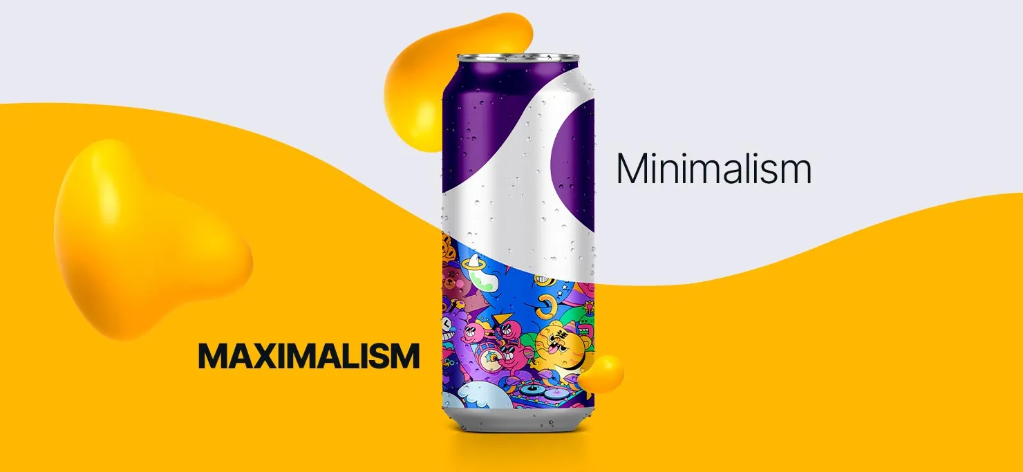 Soda can split in two showing maximalist and minimalist designs.