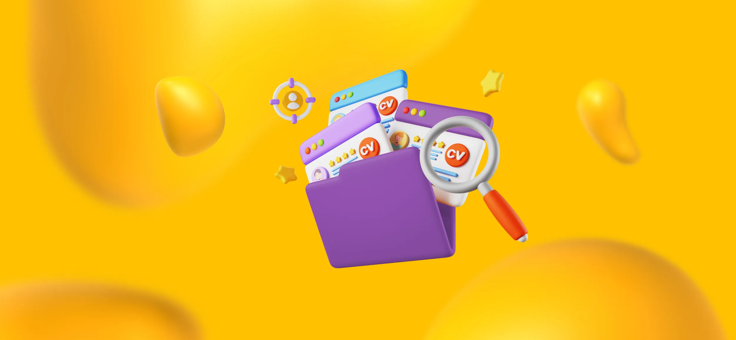 A purple file folder and a magnifying glass, for key elements of your brand identity.