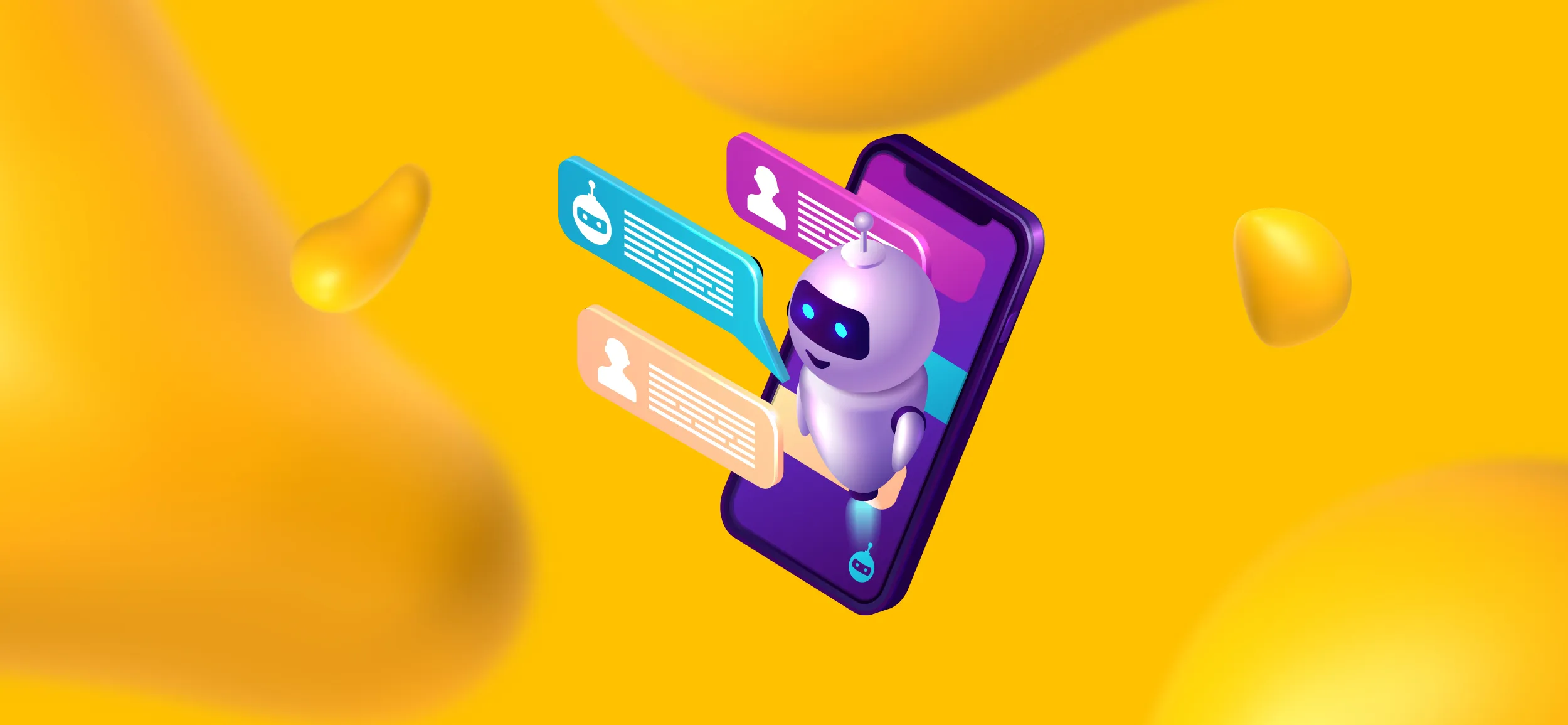 A happy robot popping out of a smartphone screen for "24/7 chatbots," a top way to use AI in your marketing efforts.