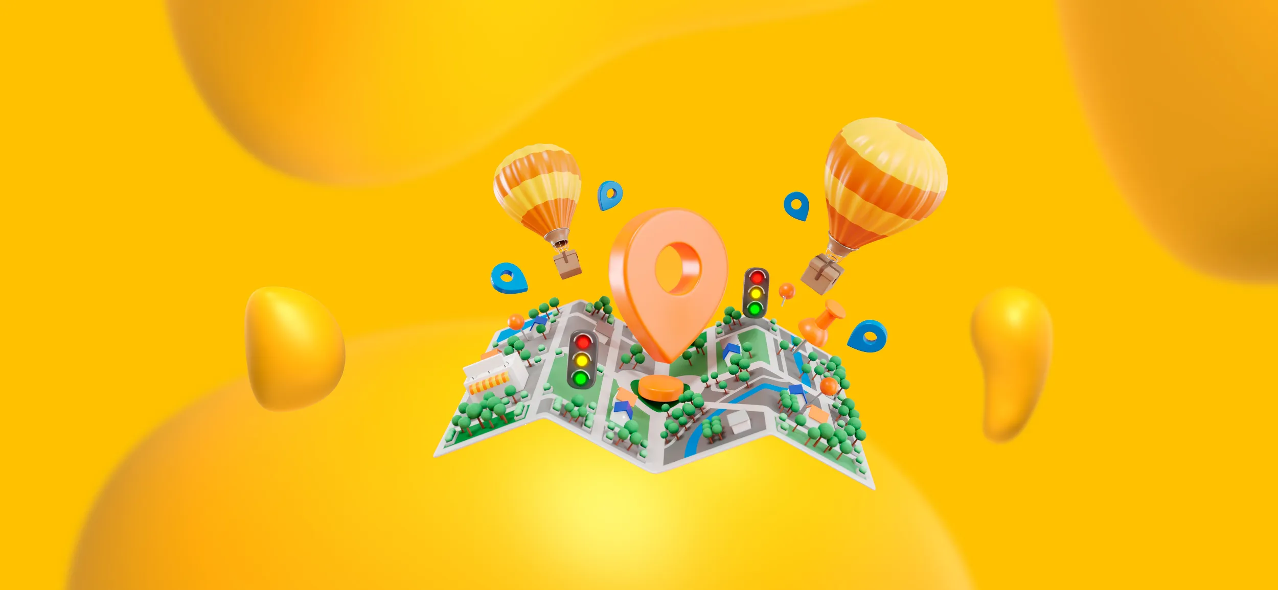 Elements of hyperlocal marketing, like a neighborhood map and location pins.