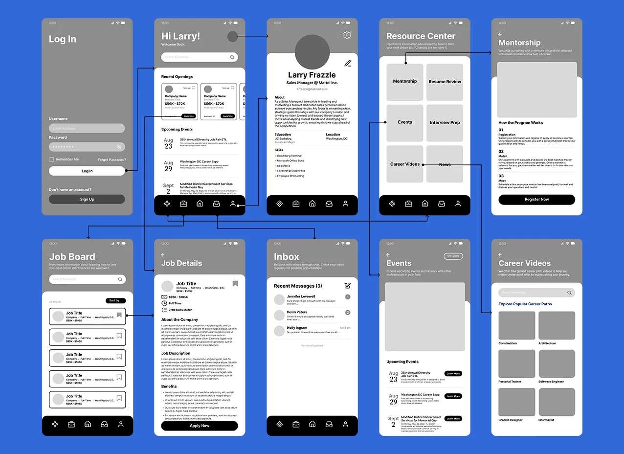 DC Career Connect Mobile App Design by Designity with lo-fi wireframes